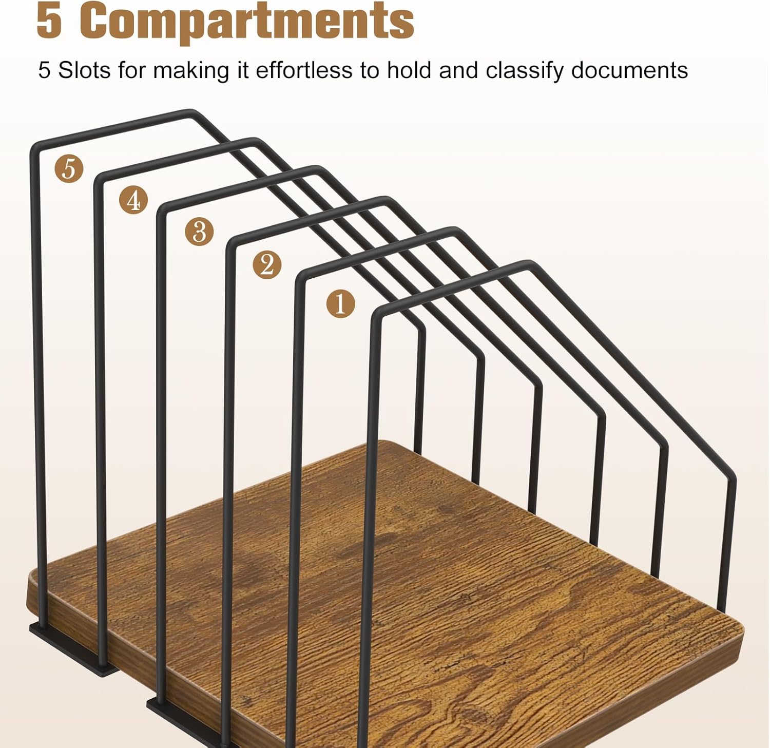 Inclined Desk File Organizer, 5-Section Vertical File Folder Holder, Desk Files Organizer Stand, Metal Files Sorter Rack Stand for Office Home School