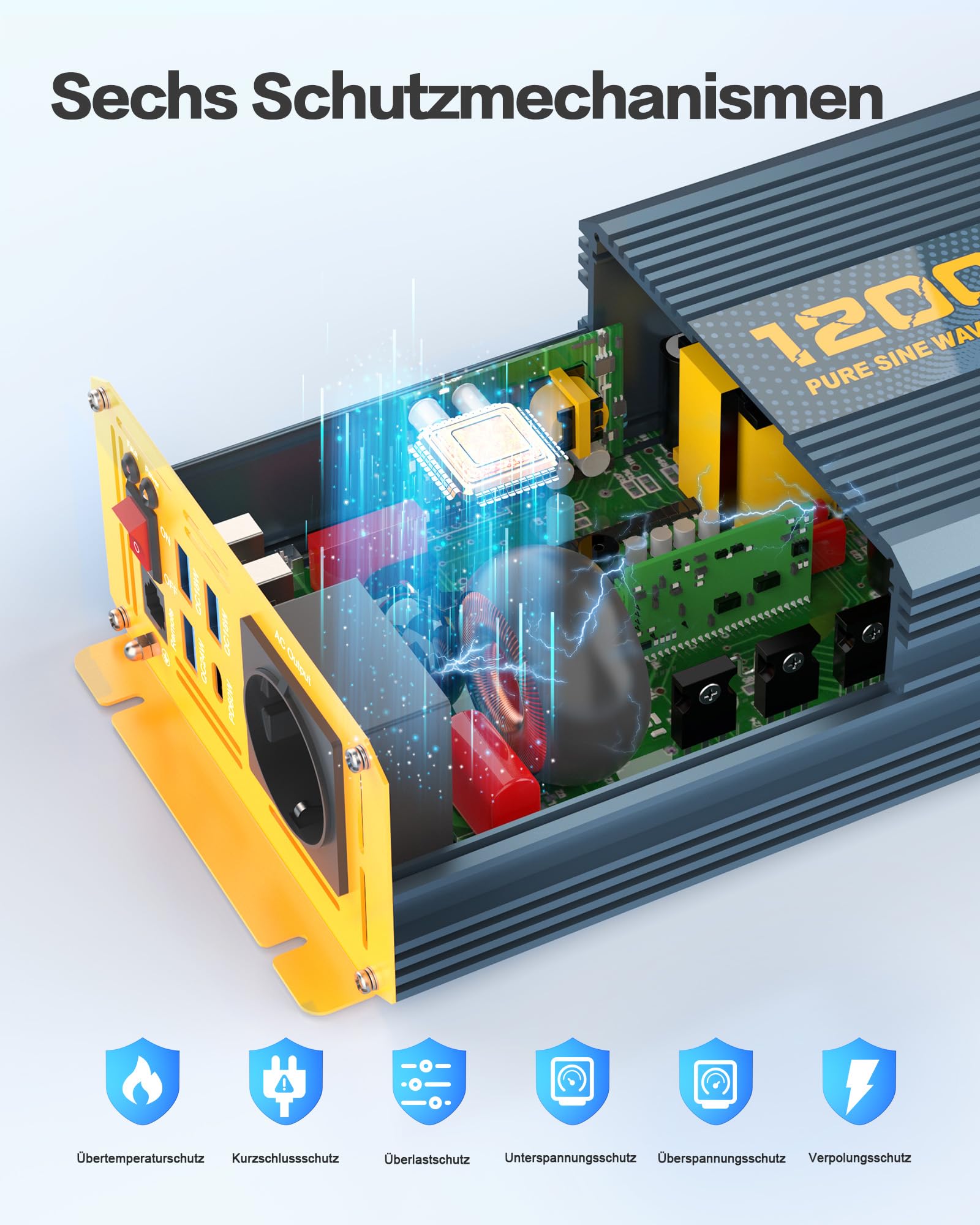 Convertidor de Voltaje 1200W/2400W Inversor de Onda Sinusoidal Pura 12V a 230V, Pantalla LCD para Autocaravana Camión Coche
