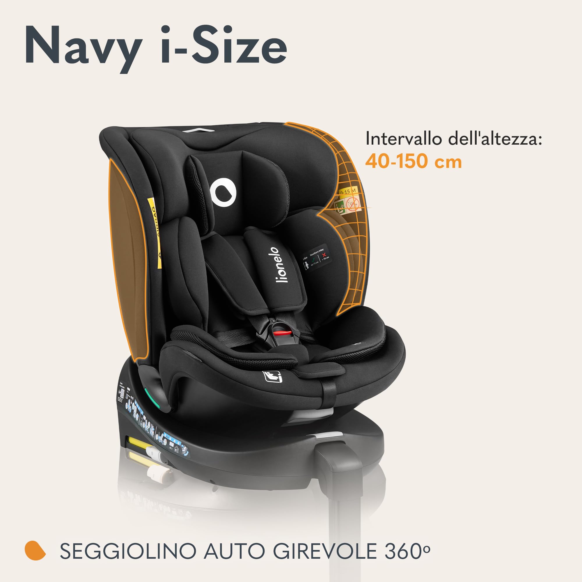 LIONELO Seggiolino Auto NAVY i-Size con ISOFIX, Girevole a 360° e Reclinabile, Bambini 40–150 cm (0–12 anni), Fronte e Retro Marcia, Piede di Supporto, Poggiatesta 11 Livelli, Ventilato e Comodo