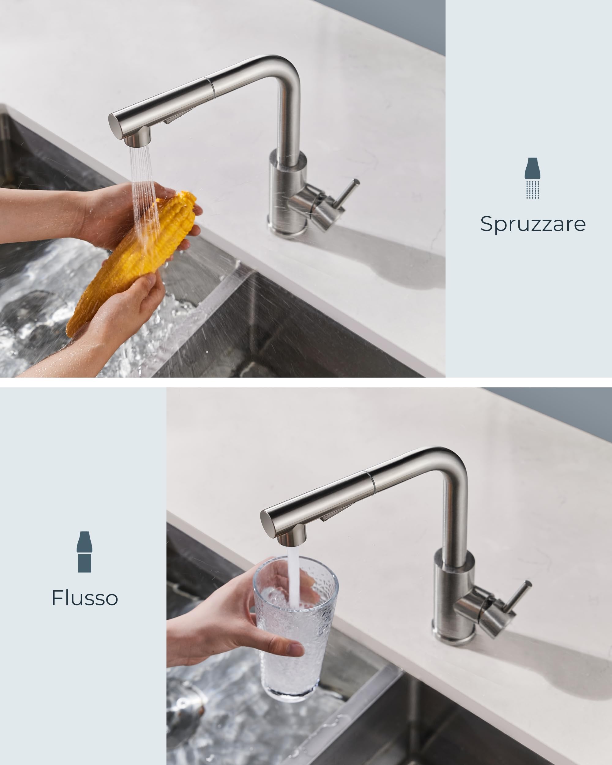 FORIOUS Rubinetto Lavello Cucina, Miscelatore Cucina con Doccetta Estraibile, 2 Tipi di getto e Girevole a 360°, A forma di L Acciaio Inox Maniglia Singola Rubinetto Miscelatore