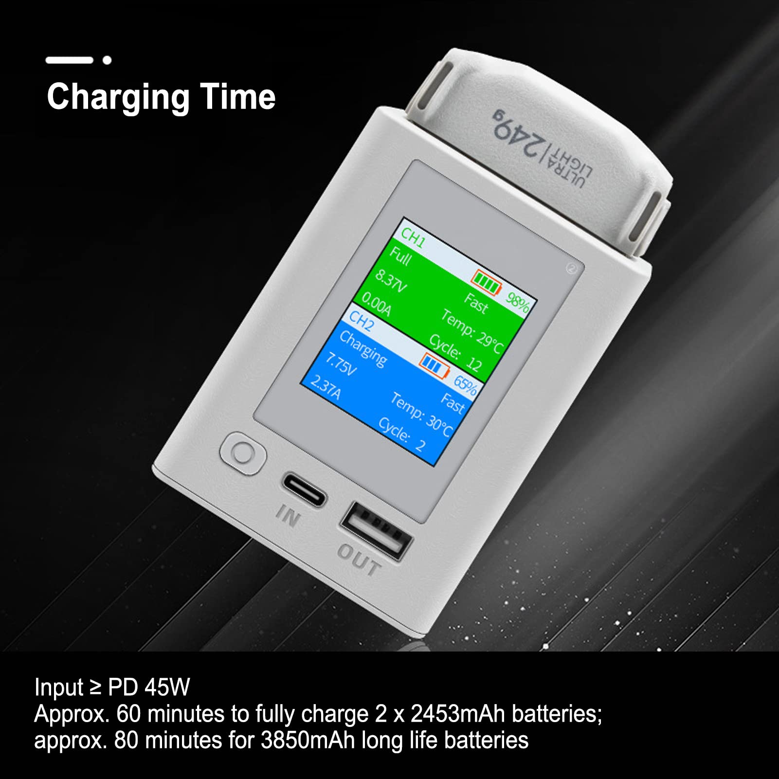 Hub di Ricarica Bidirezionale, Caricabatteria per Droni Carica Batterie Schermo a Colori Caricabatteria LCD USB per 3 Droni Grigio