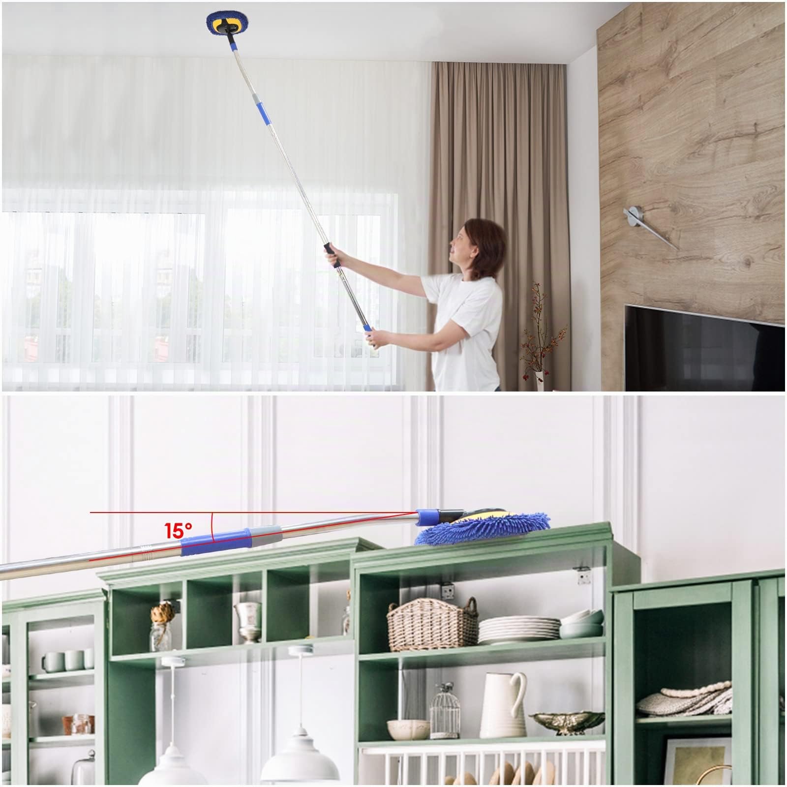 Limpiador de Pared, mopa de Pared máxima de 66 Pulgadas con Mango Largo, mopa de Polvo de Techo con Poste de extensión de Codo de Ahorro de Mano de Obra de 15°, Limpiador de limpiaparabrisas de