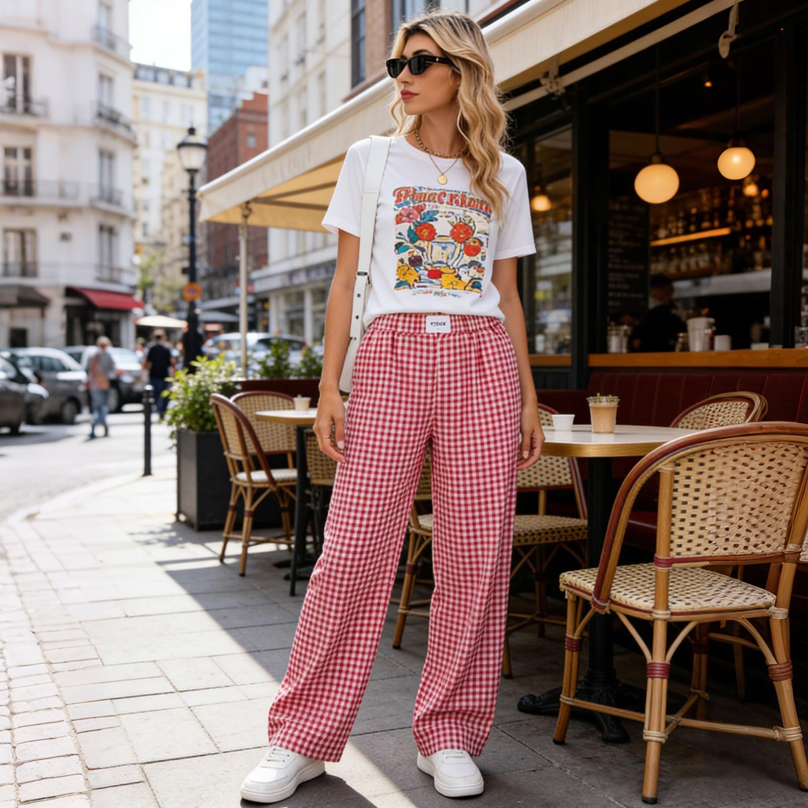 Pantaloni lunghi da donna in 100% cotone – Pantaloni da pigiama a quadretti con morbido elastico in vita, ampie gambe e pratiche tasche | Pantaloni perfetti per serate di benessere