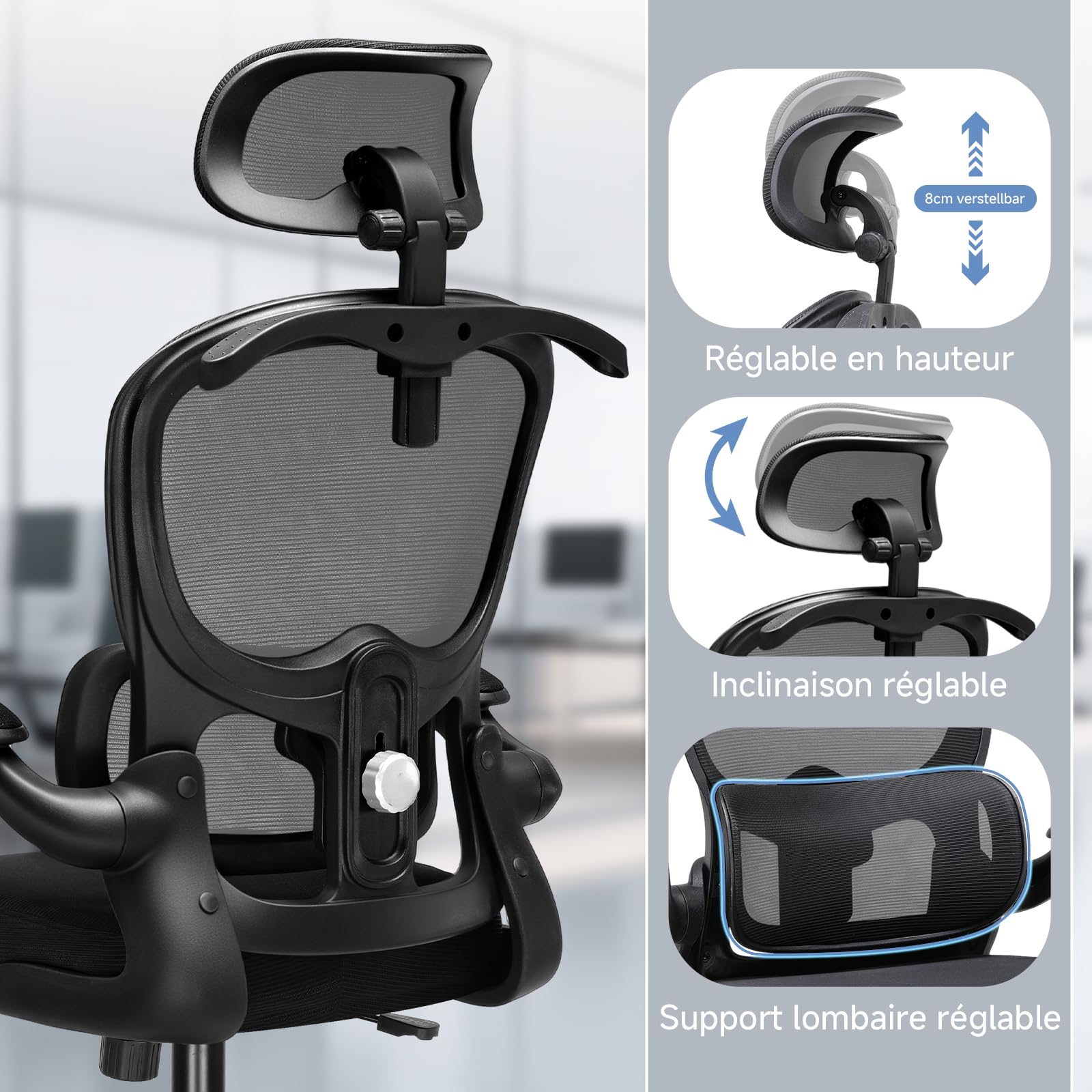 COMHOMA Chaise de Bureau Ergonomique, Fauteuil avec Appui-tête 3D et Support Lombaire, Design Intégré avec Porte-vêtements, Accoudoirs Rabattables, Siège Rembourré en Maille Respirante