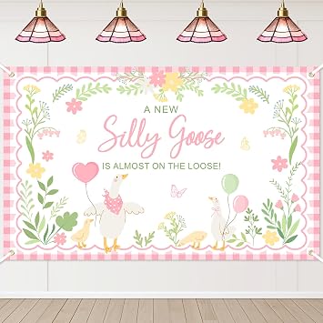 Avezano Goose Baby Shower Banner A New Silly Goose Is Almost On The Loose Backdrop Plaid Floral Silly Goose Baby Shower Decorations Pink, 6x3.6ft