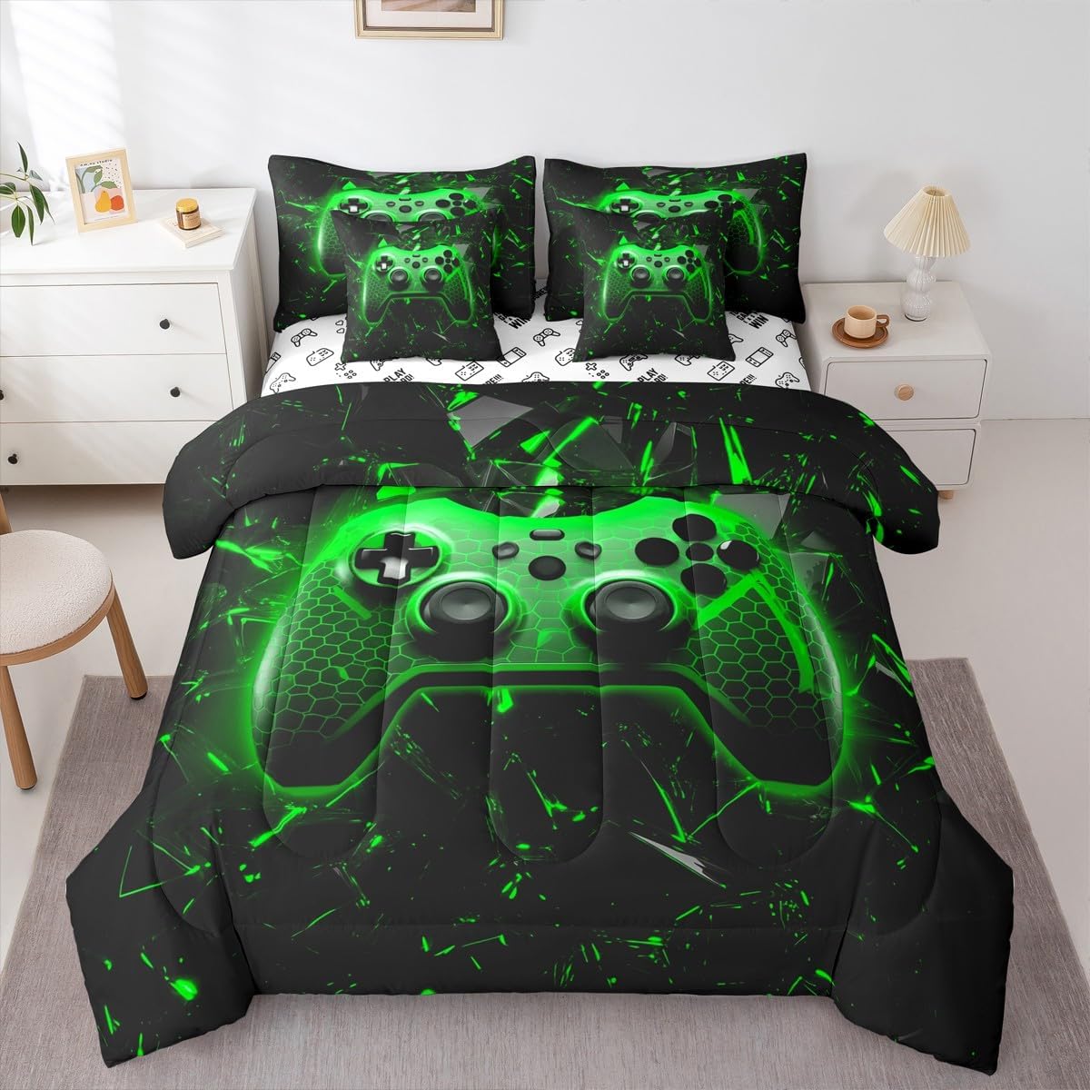 Video Games 7Pcs Comforter Set Kids King Size,Gamepad Bedding Set,Teens Boys Game Room Decor,3D Geometric Honeycomb Fitted Flat Sheet Modern Gamer Green Black 2 Throw Pillow,2 Pillowcases