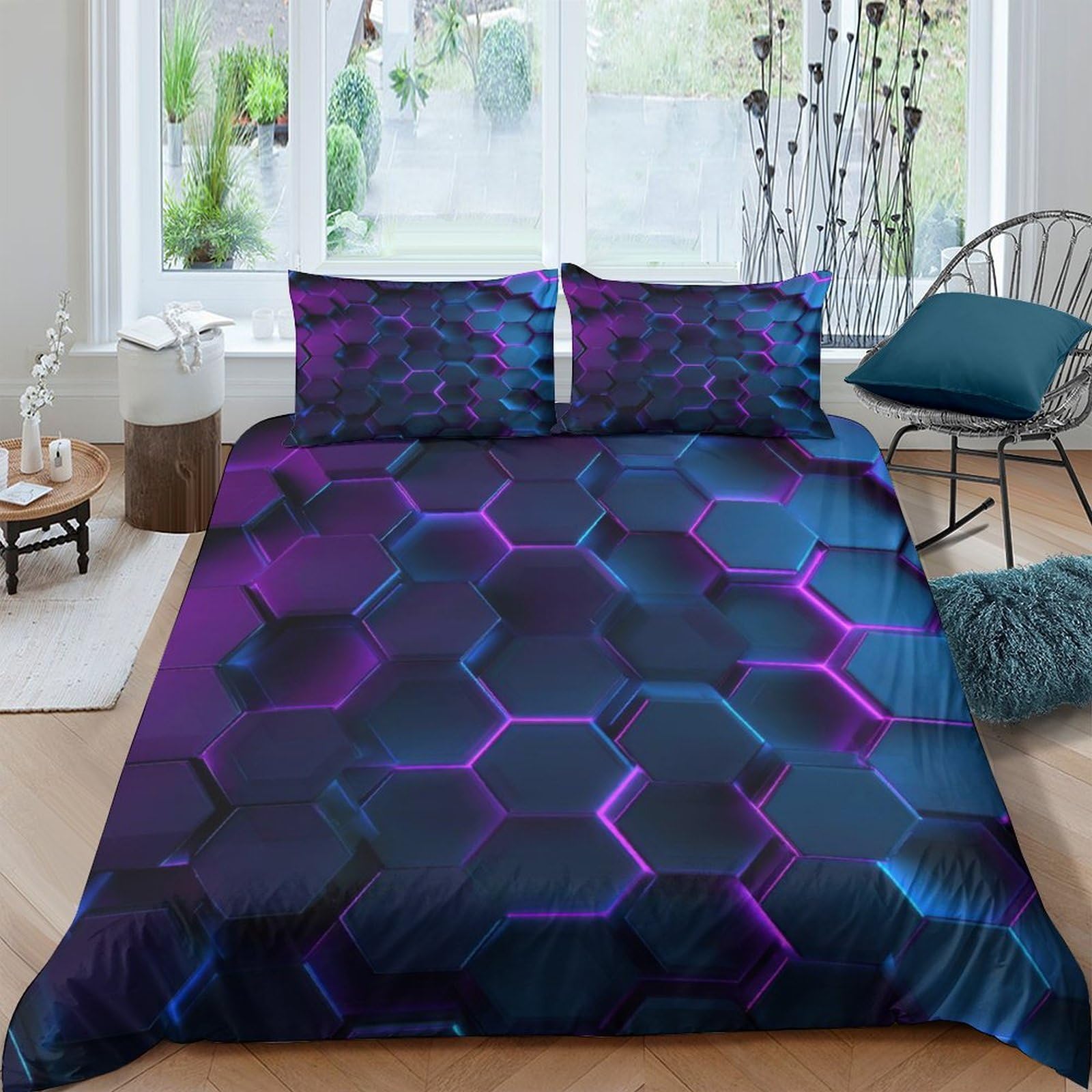 Ctjqhvkz Style-7 3D Printed Hexagon Blue Purple Fitted Sheet Microfiber Slip-Resistant Geometric Mattress Cover For Bedroom Guest Room Easy Care Single（135X200cm）
