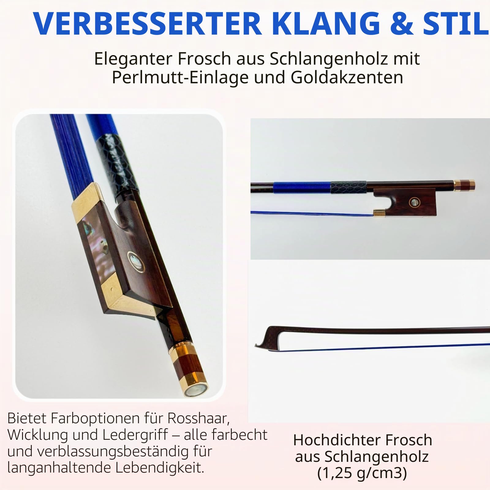 Premium Kohlenstofffaser-Geigenbogen 4/4 – Leicht, langlebig und stilvoll mit Schlangenholz-Frosch und gefärbtem Pferdehaar, farbenfroher Kohlenstofffaser-Geigenbogen – Lebendiges Design mit