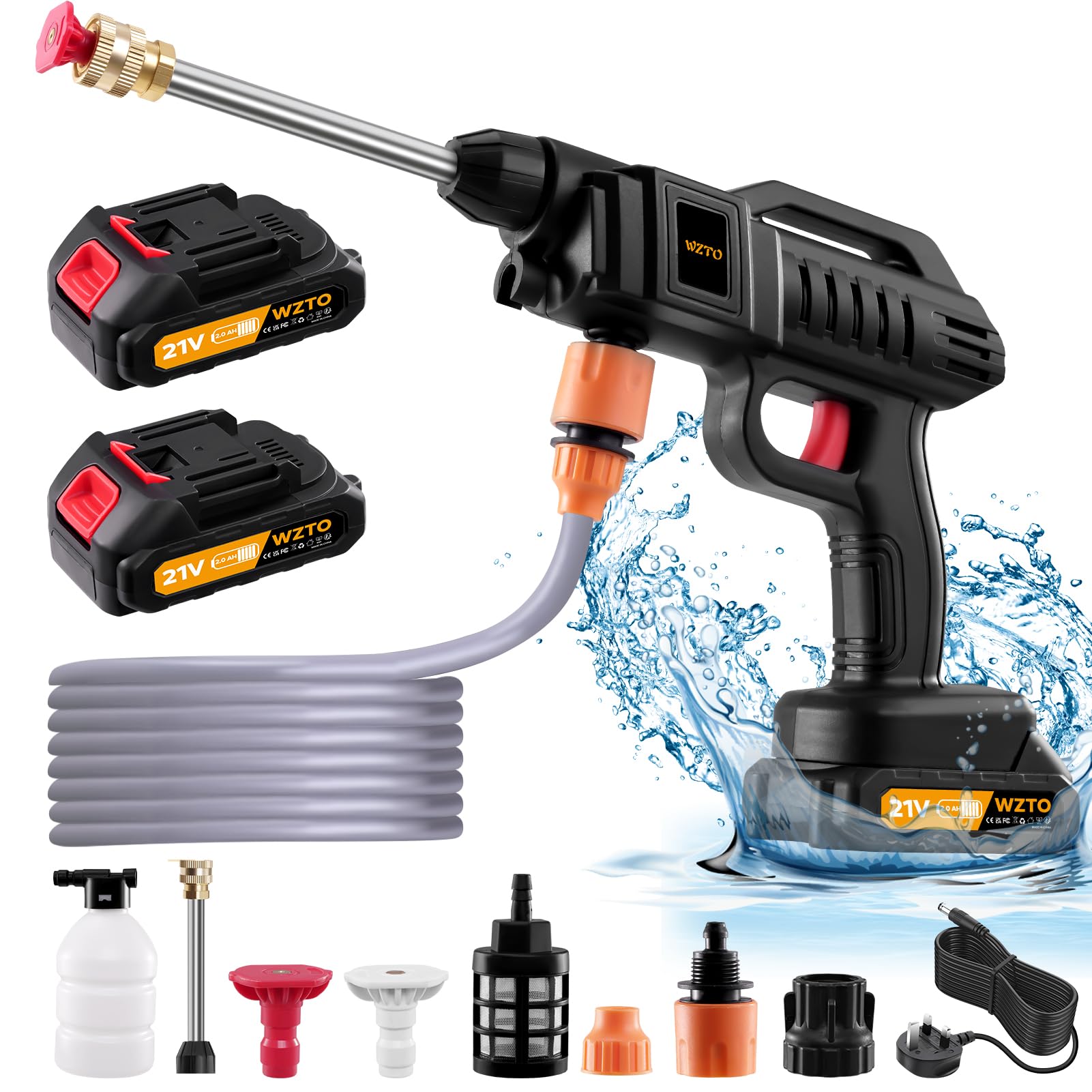 pressure washers cordless 21V, 1500W Portable cordless pressure Power washer uk, with 2 Nozzle, 2 Batteries, 16.5ft Hose jet washers/pressure washers for Car Floor Gardening Cleaning