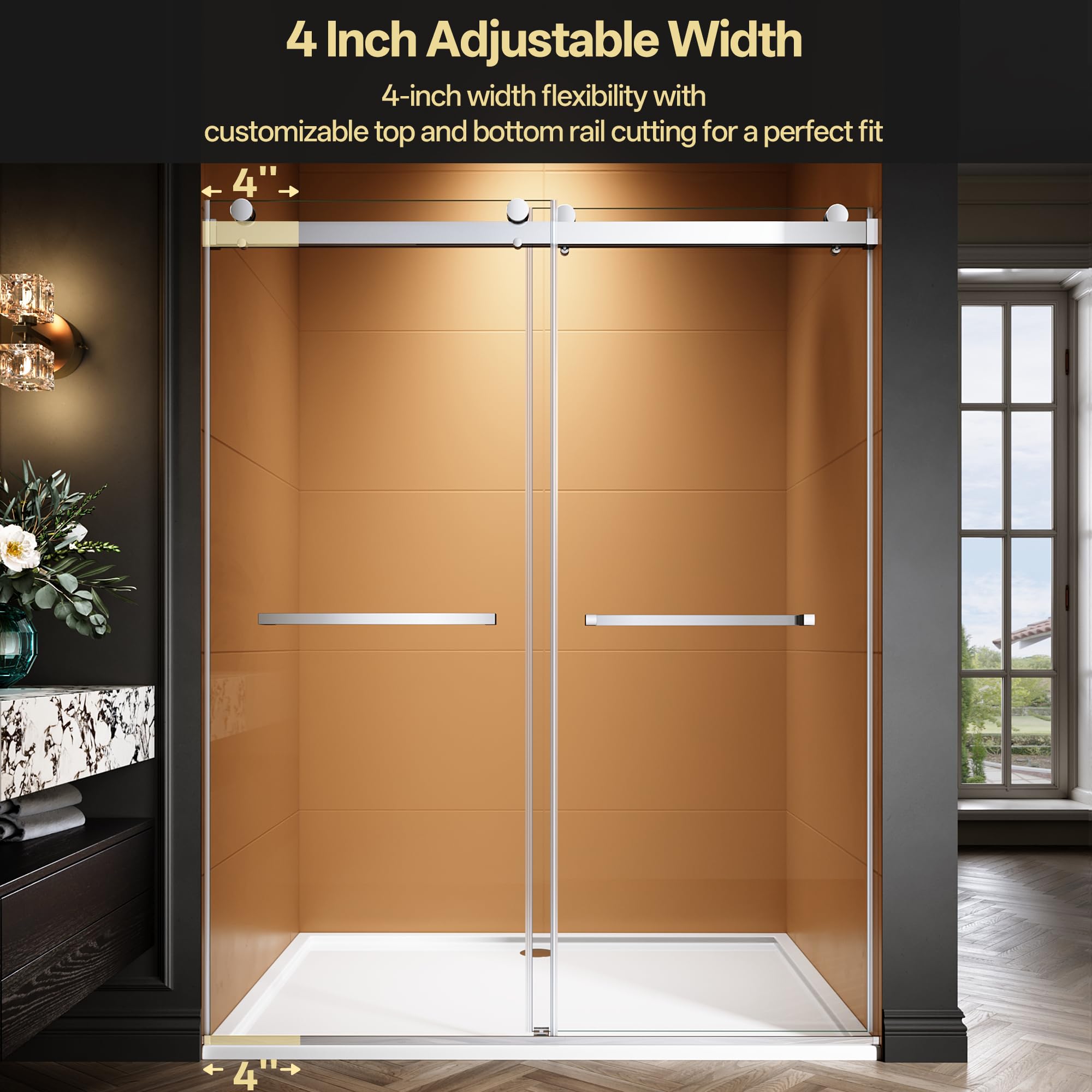 Condition photo showing New/Like New for 44-48" w x 76" h frameless double sliding glass shower door, 5/16" (8mm) clear tempered glass with explosion-proof film, bypass sliding shower door for bathroom (chrome, 48" w x 76" h)