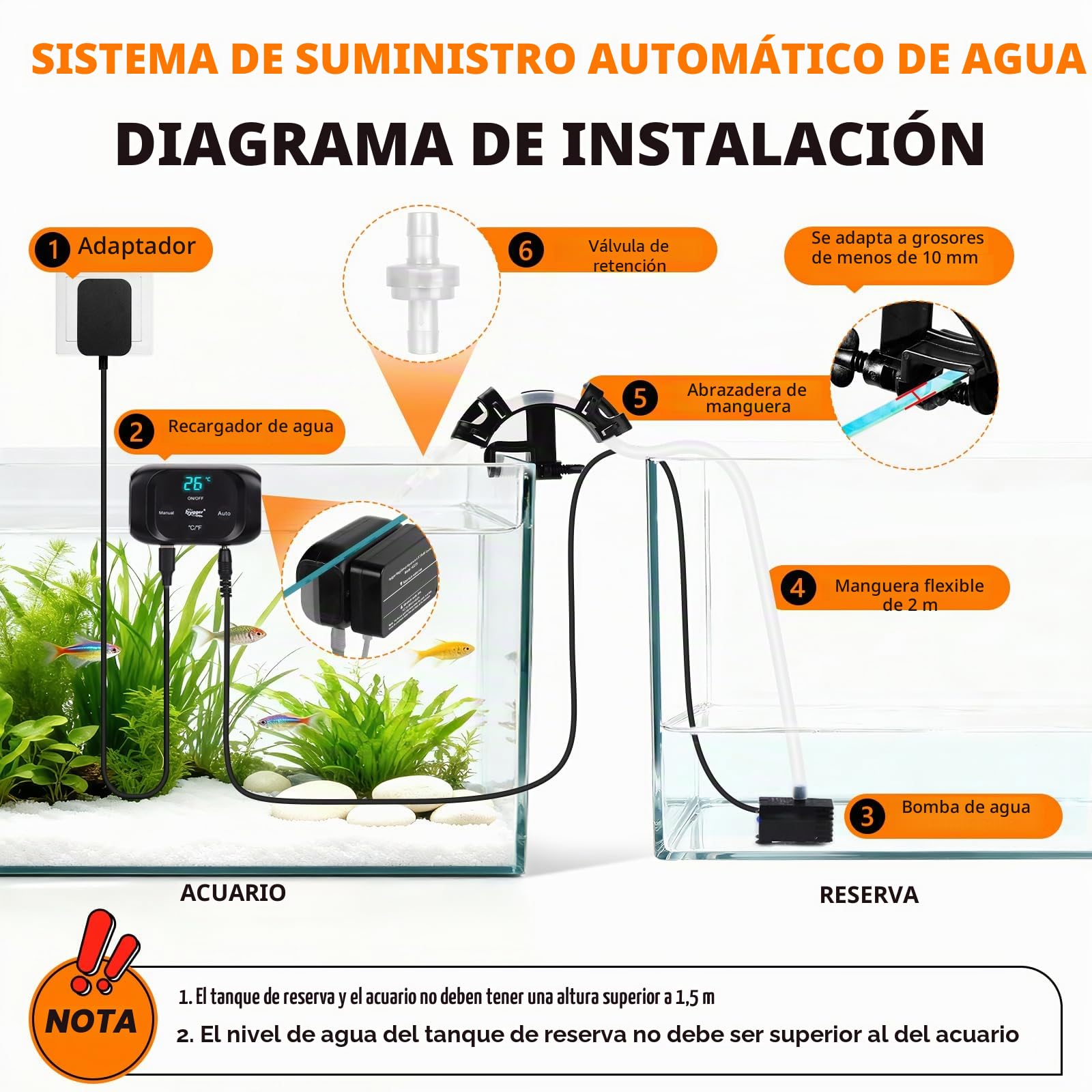 Hygger Sistema ATO Automático para Acuario, Sistema de Reabastecimiento de Agua para Peceras con Sumergible Bomba, Kit Controlador Sistema de Recarga Automática de Nivel de Agua para Acuario