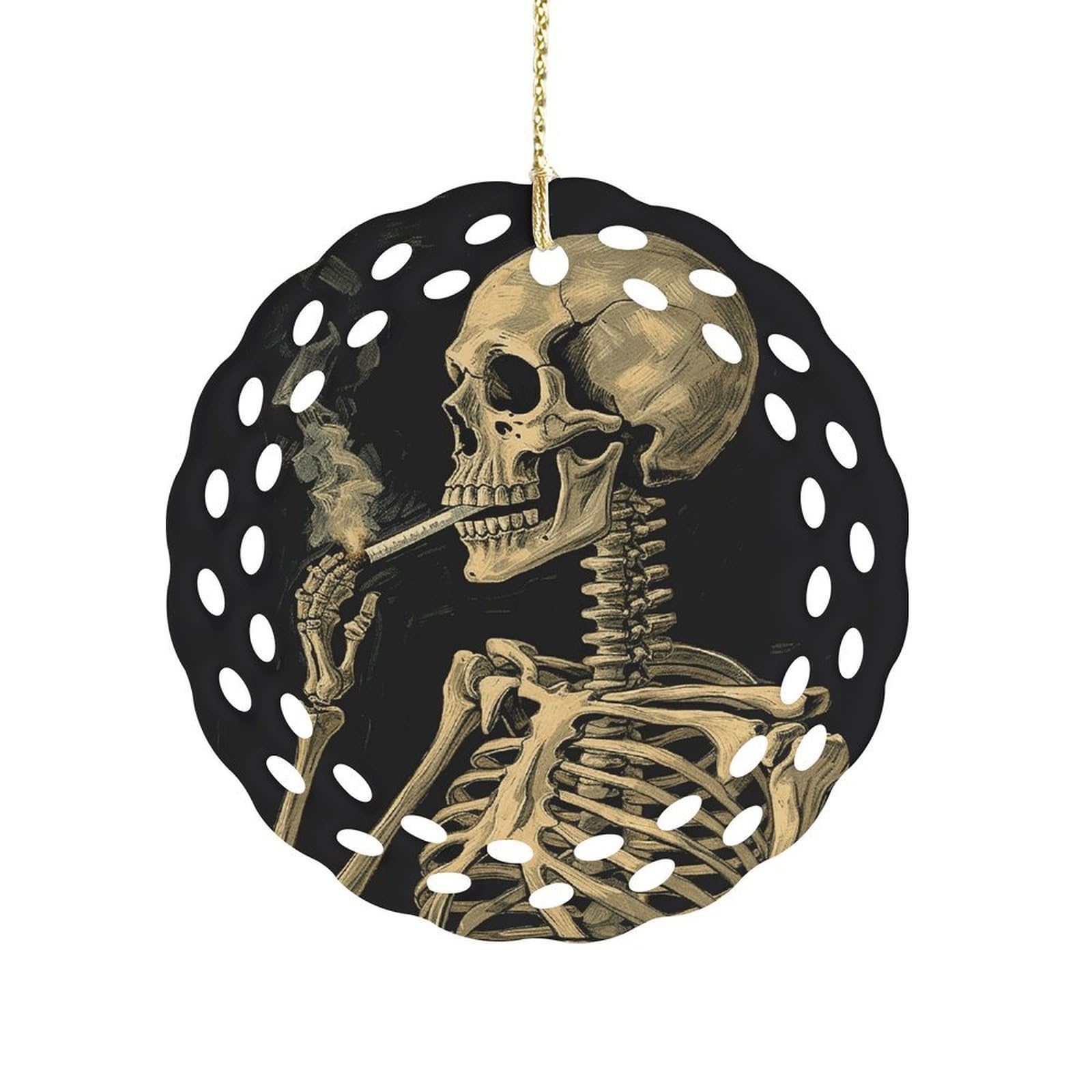 Btcowzrv Style A Skeleton With Burning Cigarette Ceramic Ornament,Round Ornaments With Hole Easy To Hang,Hanging Ornament For Wedding Party Home Window Garden Christmas Day Decor