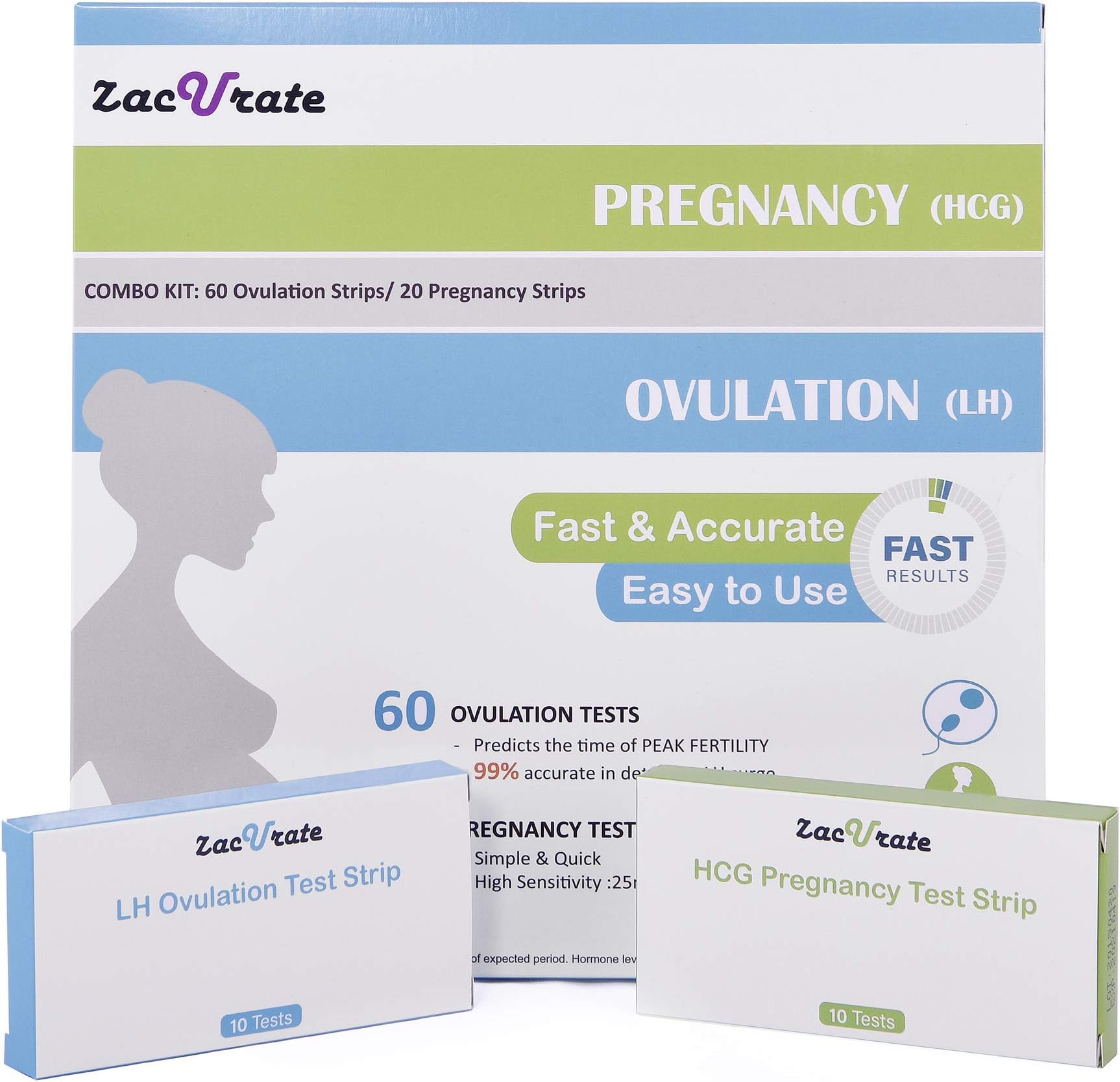 Disposable One Time Use Zacurate Combined Family Planning Pregnancy Test Strip Kit - 60 Ovulation Test Strips + 20 Pregnancy Exam Strips