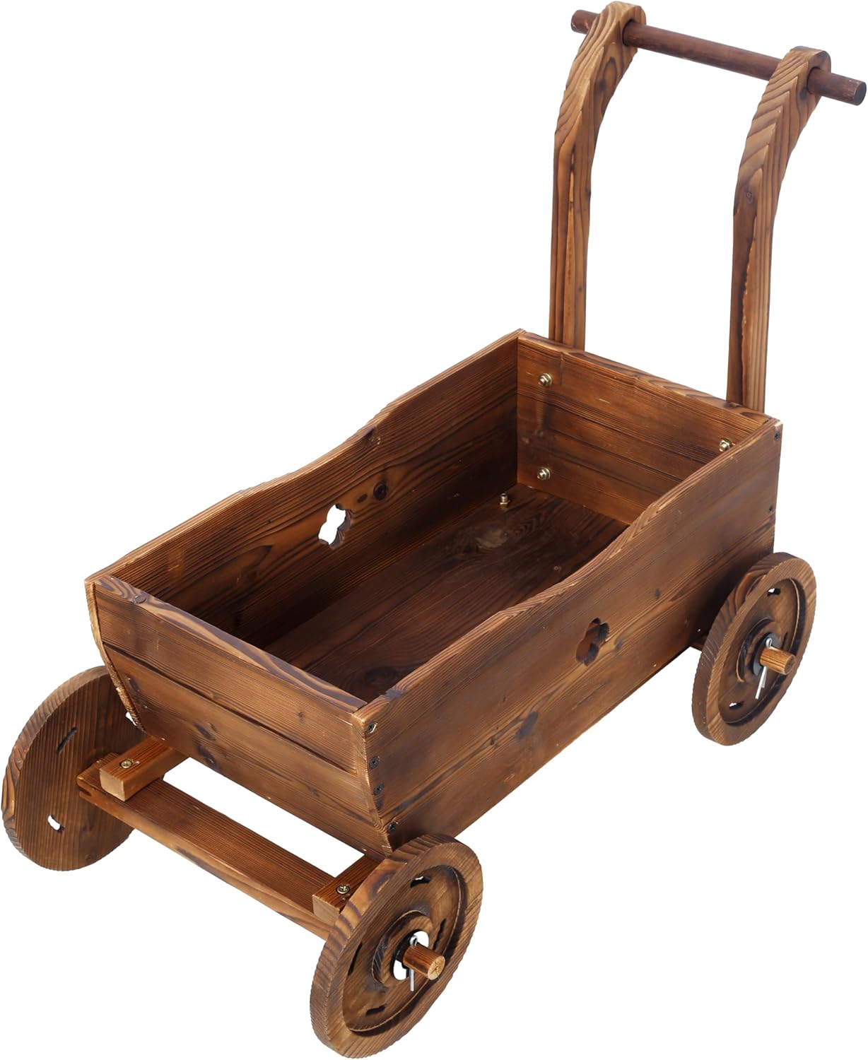 Wooden Garden Wagon Decor with Wheels, Mobile Garden Planter with Handle and Drain Hole, Decorative Wagon Cart Rustic Flower Planter Flower Cart for Patio, Garden, Balcony