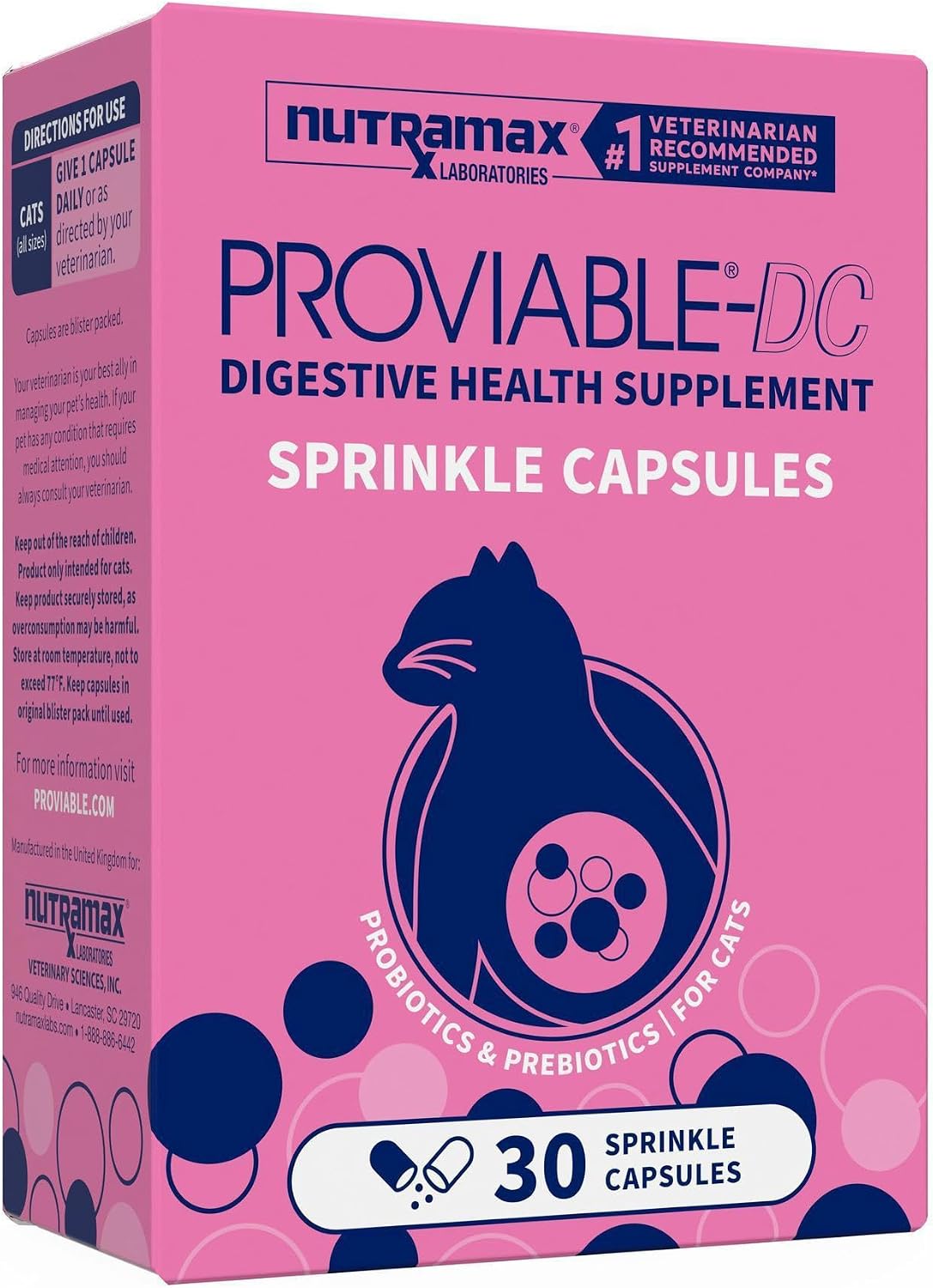 Nutramax Proviable Probiotics for Dogs and Cats, Daily Digestive Health Supplement with Multiple Strains of Bacteria, Cat and Dog Probiotics Plus Prebiotics, 30 Capsules