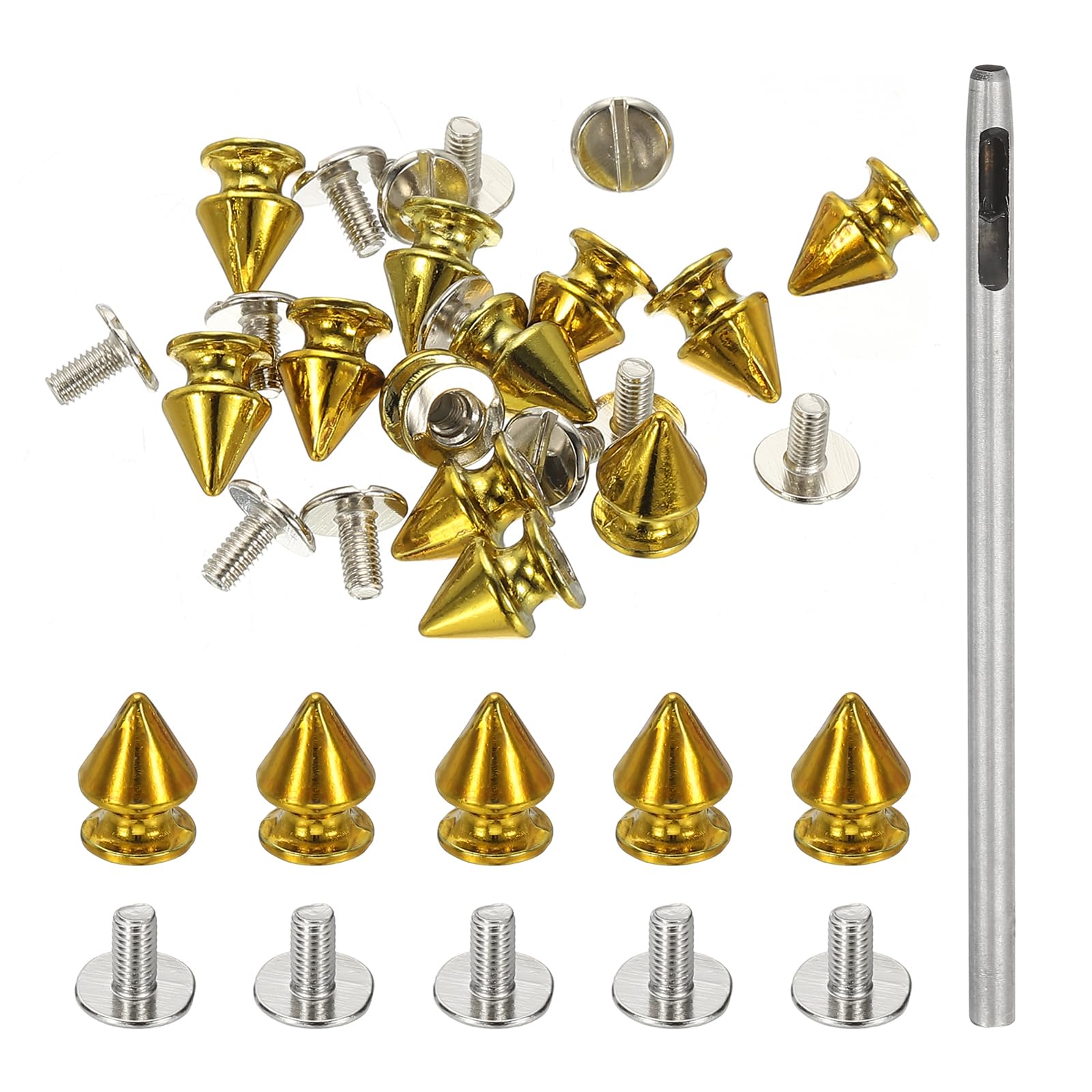 PATIKIL 12mm Studs for Clothing 12 Sets Spikes for Clothes Studs and Spikes Leather Rivets Metal Cone Punk Spikes Screw Posts with Hole Puncher for Leather Jacket Fabric Dark Gold