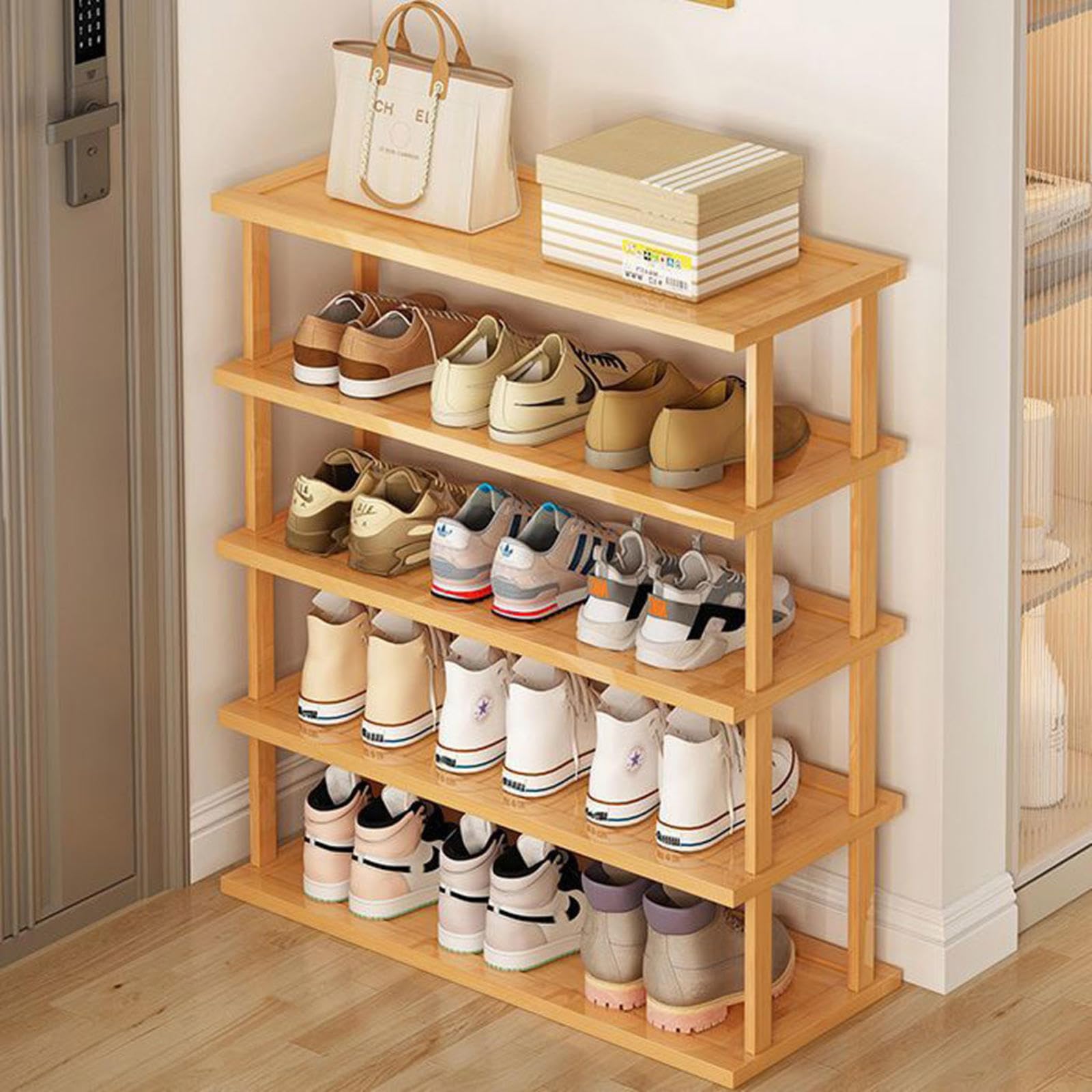 Zapatero extensible de bambú apilable para entrada, pasillo, dormitorio, armario, 9 niveles, para garaje, esquina, diseño minimalista, estante vertical para zapatos de pie, 65 cm de altura