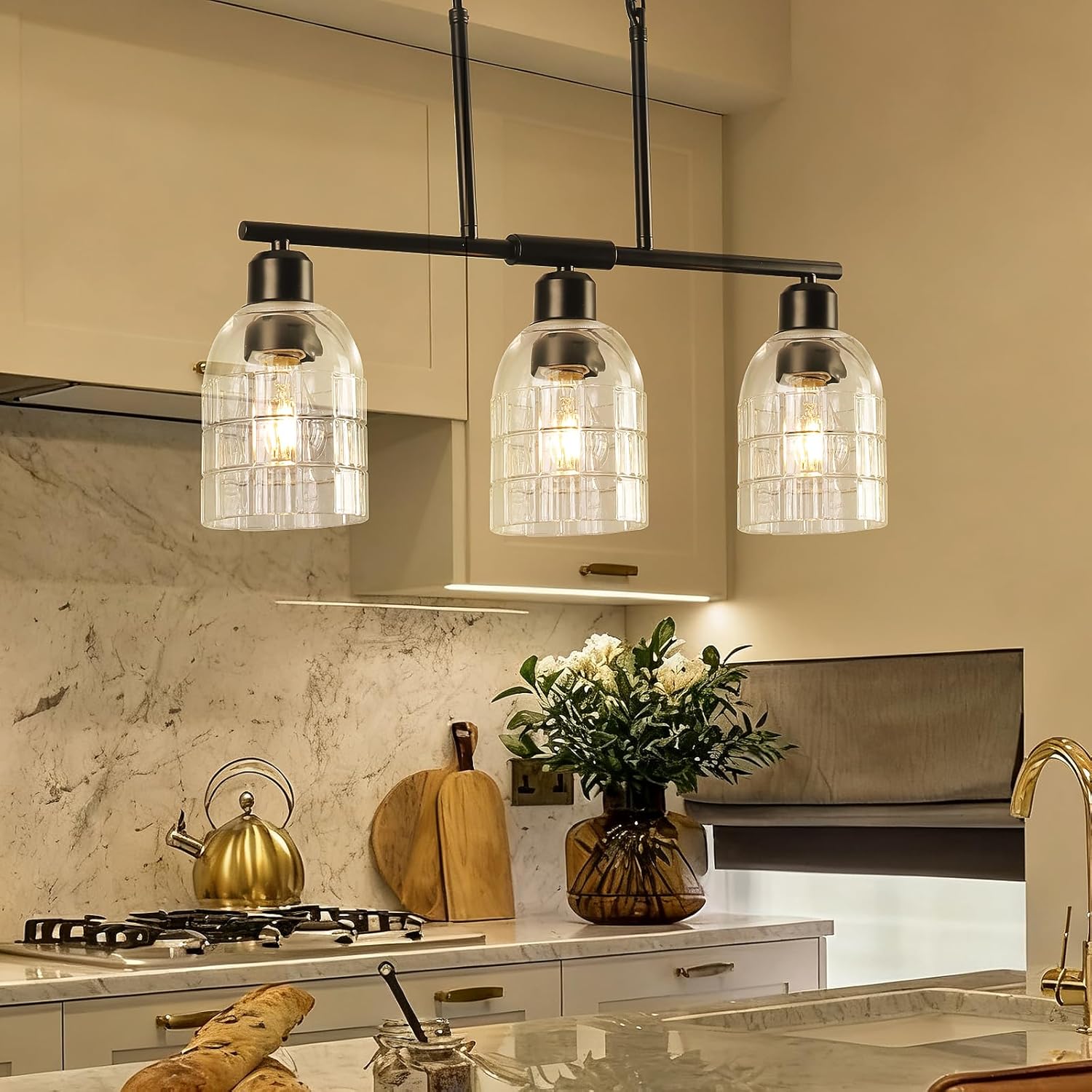 FRIXCHUR Black Kitchen Island Lighting, 3-Light Linear Chandelier with Clear Glass Shades, Modern Pendant Light for Dining Room & Kitchen, Adjustable Height, E26 Bulb Compatible, Metal in Black Black 3 lights