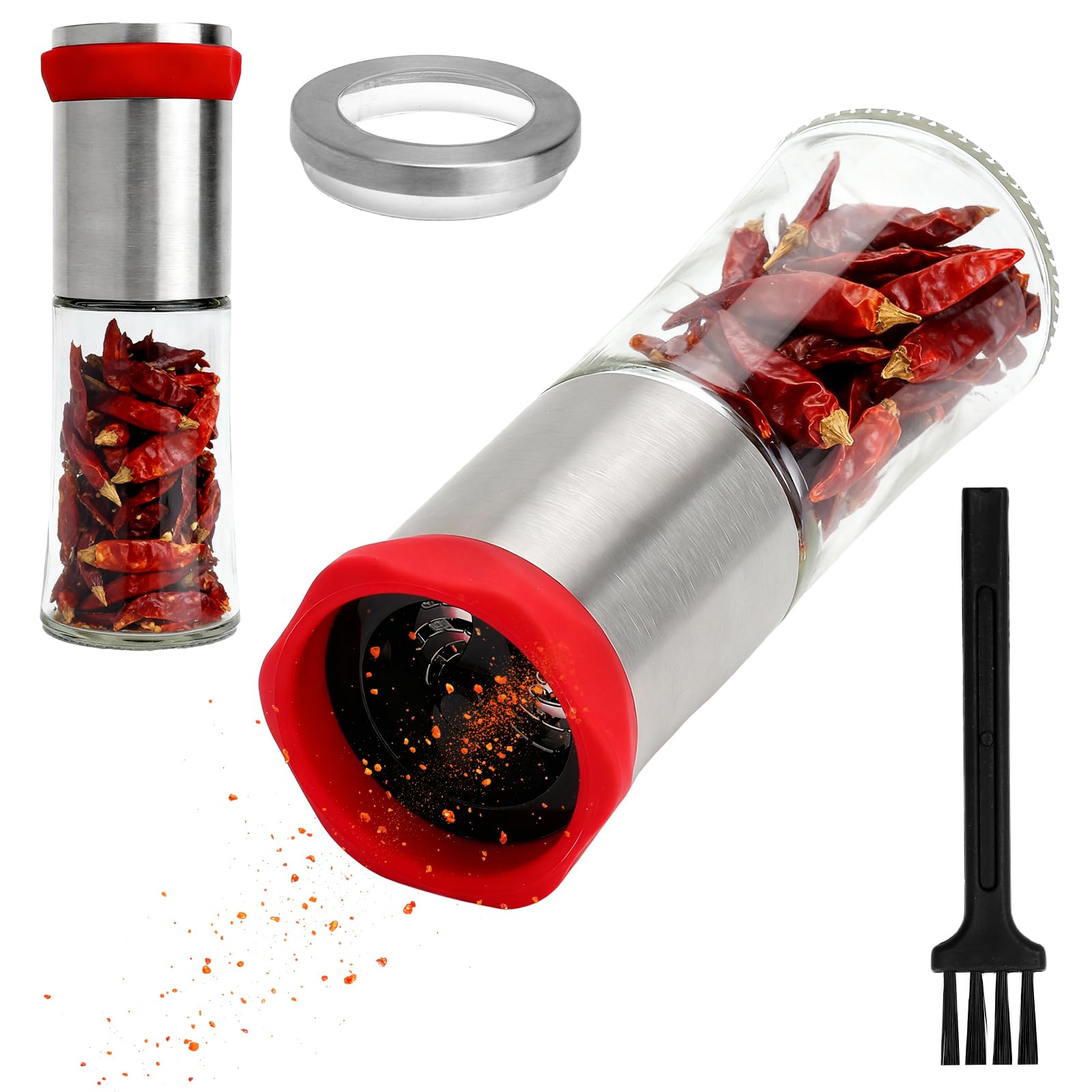 Moulin à Épices Inox avec 1 Brosse, 150ml Moulin Manuel en Verre Transparent, Broyeur Inox Réglable pour Piment, Poivre, Herbes Séchées, Graines, pour Cuisine et Barbecue