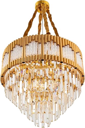 Miniatura 2 de DYNAMI Candelabro de cristal moderno dorado, 23.6 pulgadas, redondo, 5 niveles, cristales transparentes, luces colgantes grandes, altura ajustable