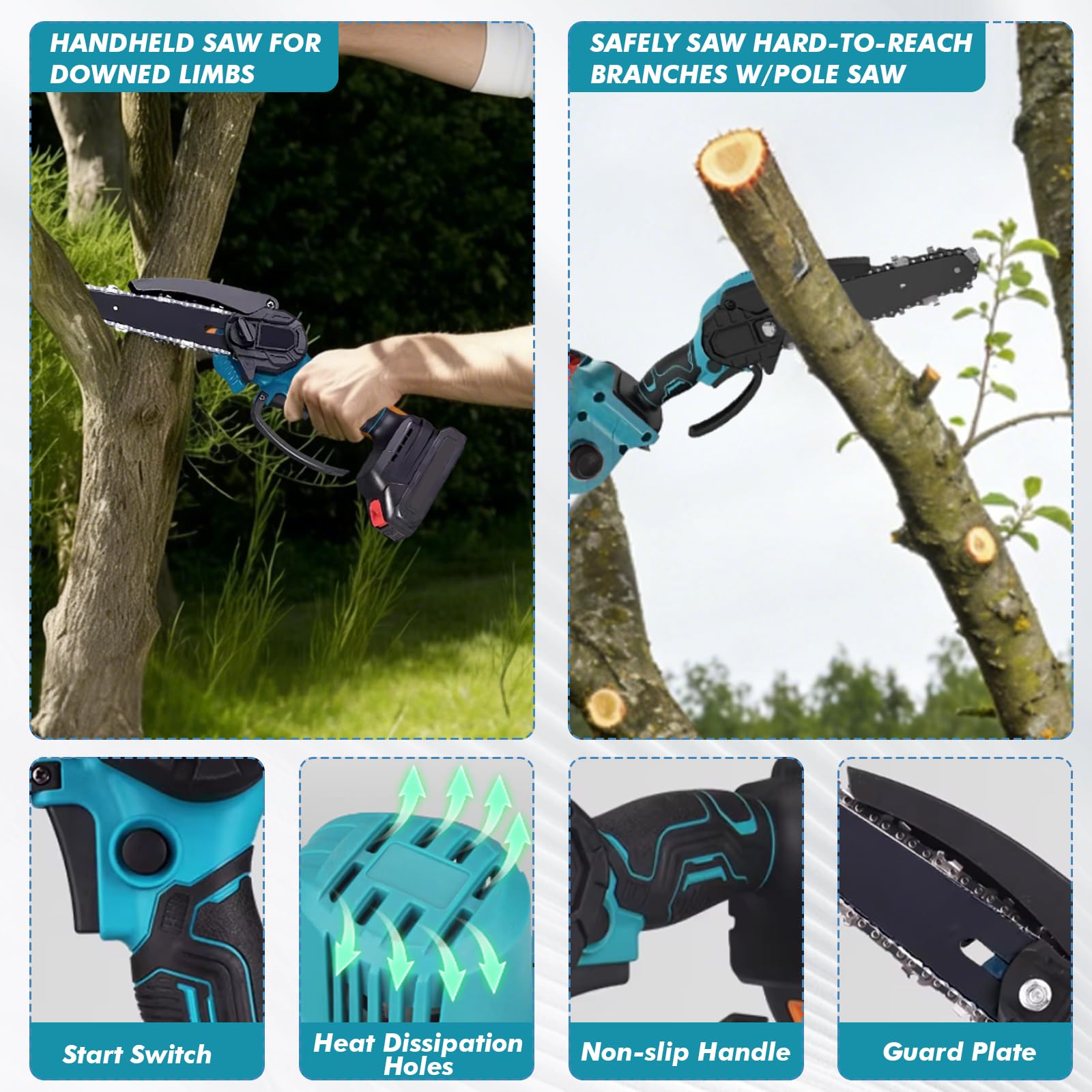 6 Zoll Mini Kettensäge & Akku Elektro Gartenschere,4-in-1 Elektro Hochentaster mit 2 x 4000mAh Akkus,VerläNgerungsstange Bis 2.6m,Bürstenloser Motor,Akku Hochentaster Gartenwerkzeug Set für Baumzweige