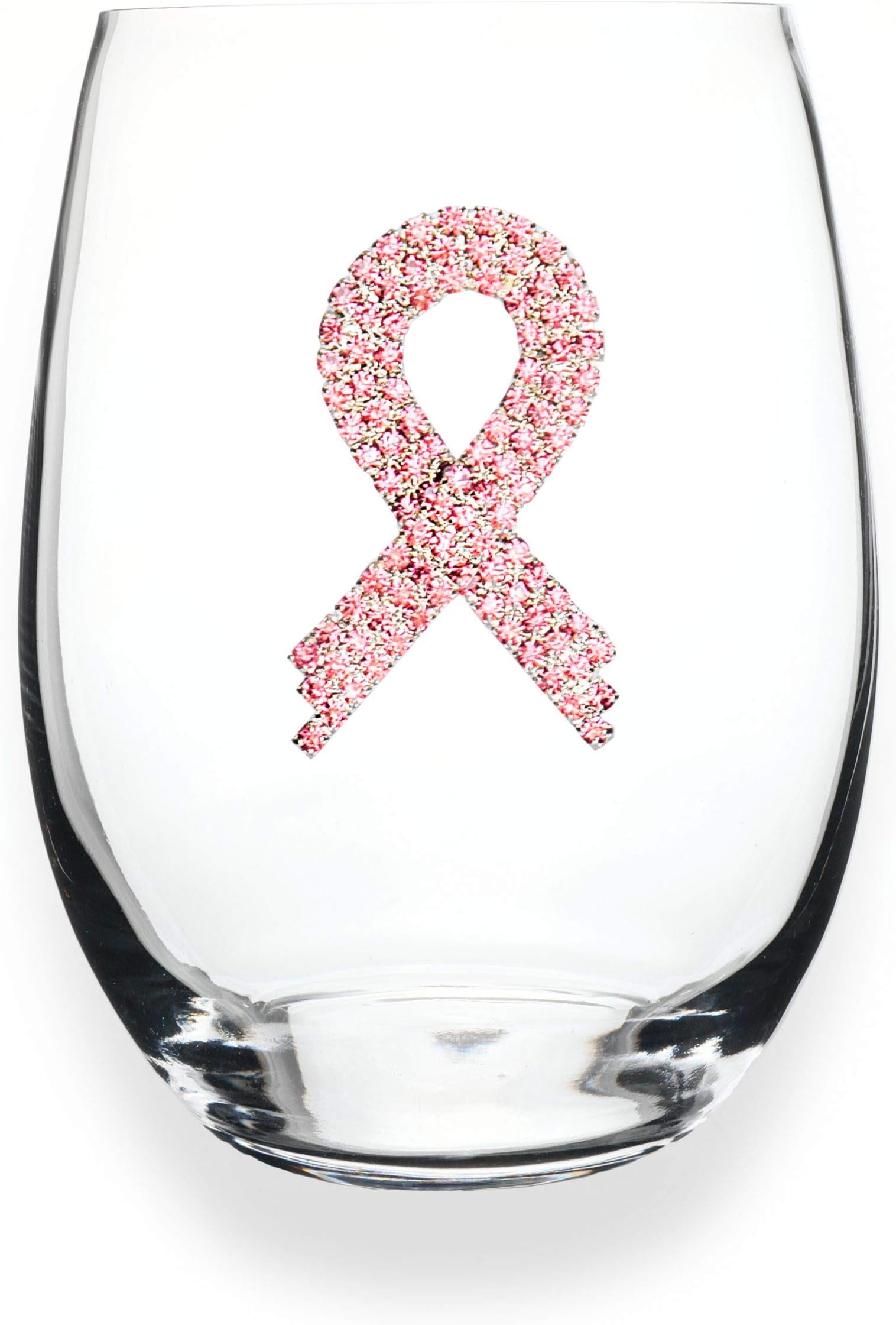 THE QUEENS' JEWELS Pink Ribbon Jeweled Stemless Wine Glass, 21 oz. - Unique Gift for Women, Birthday, Cute, Fun, Breast Cancer, Not Painted, Decorated, Bling, Bedazzled, Rhinestone