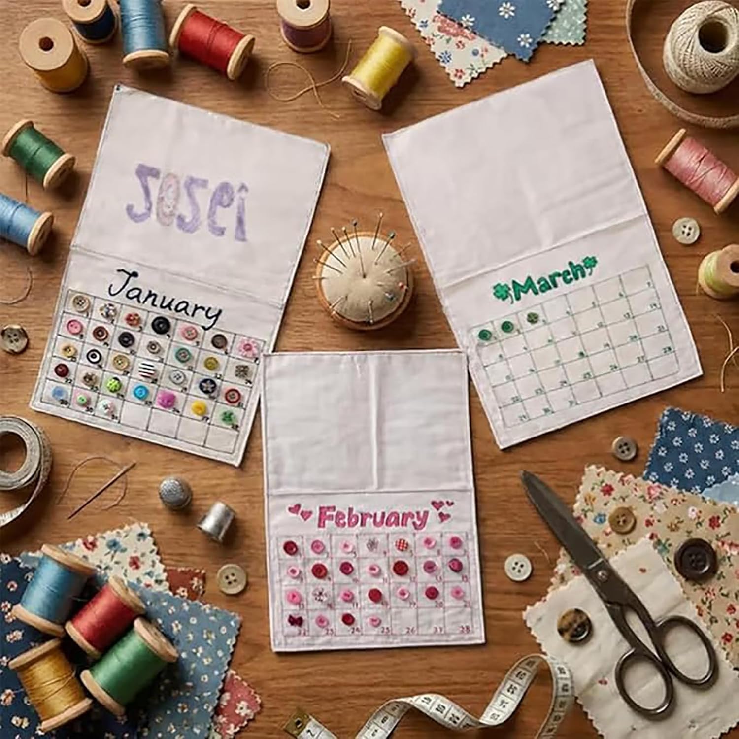 Sikrit 2026 Button Calendar: Stitch Your Year One Button at a Time, DIY Buttons Sewing Calendar Craft Kit, Handmade Embroidery Stitch Fabric Calendars with Canvas Grid for Sewing Lovers (A-PCS)