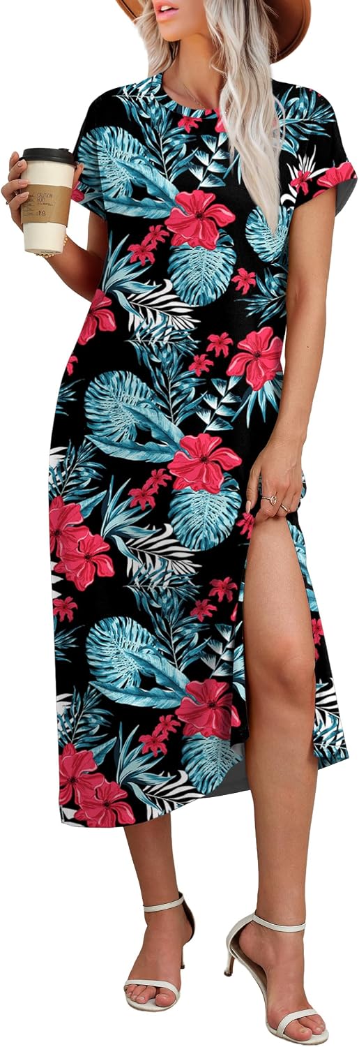 OFEEFAN Womens Maxi Dresses Casual Short Sleeve Long T Shirt Dress with Pockets Travel Vacation Outfits