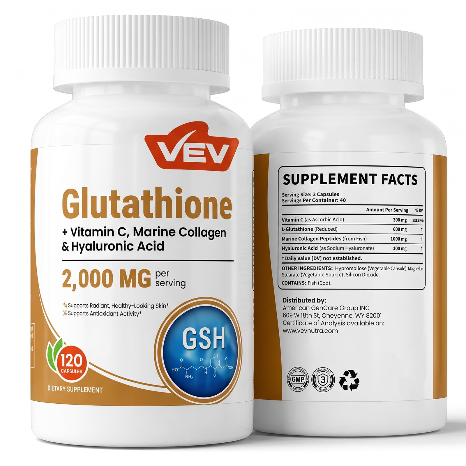 VEV Glutathione Supplement 600mg, Vitamin C & Collagen, 40-Day Supply 300 Count (Pack of 1)