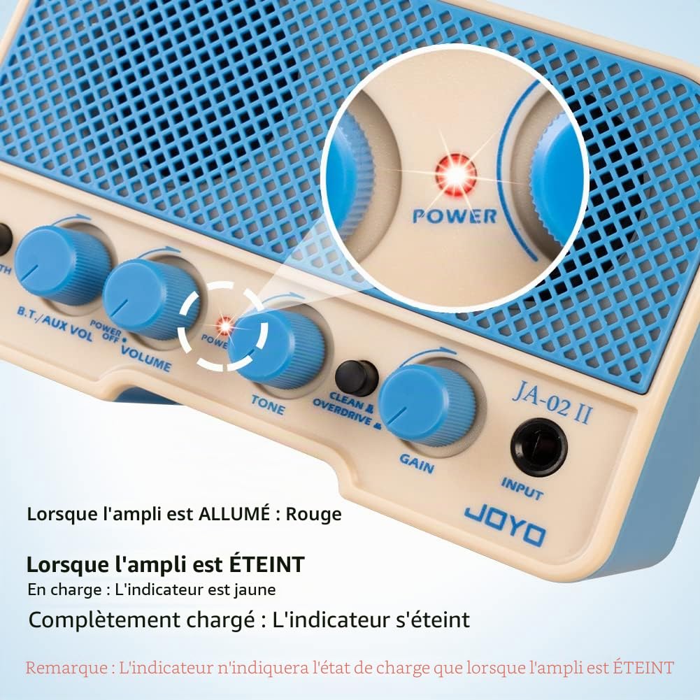 JOYO Mini Amplificateur Combo Guitare 5W Bluetooth Rechargeable - pour Entraînement avec Casque, Canaux Clean & Overdrive (JA-02 II Bleu)