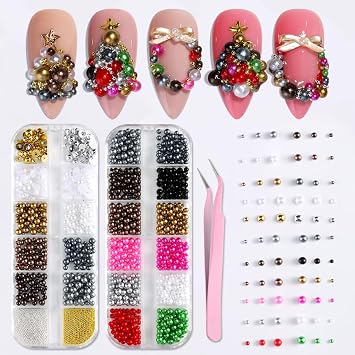 Colorful Round and Half Round Pearls 3D Nail Charms, Gold Silver White Flatback Nail Pearls Gems and Metal Caviar Beads with Pickup Tweezers for DIY Nail Art, Face Makeup and Crafting