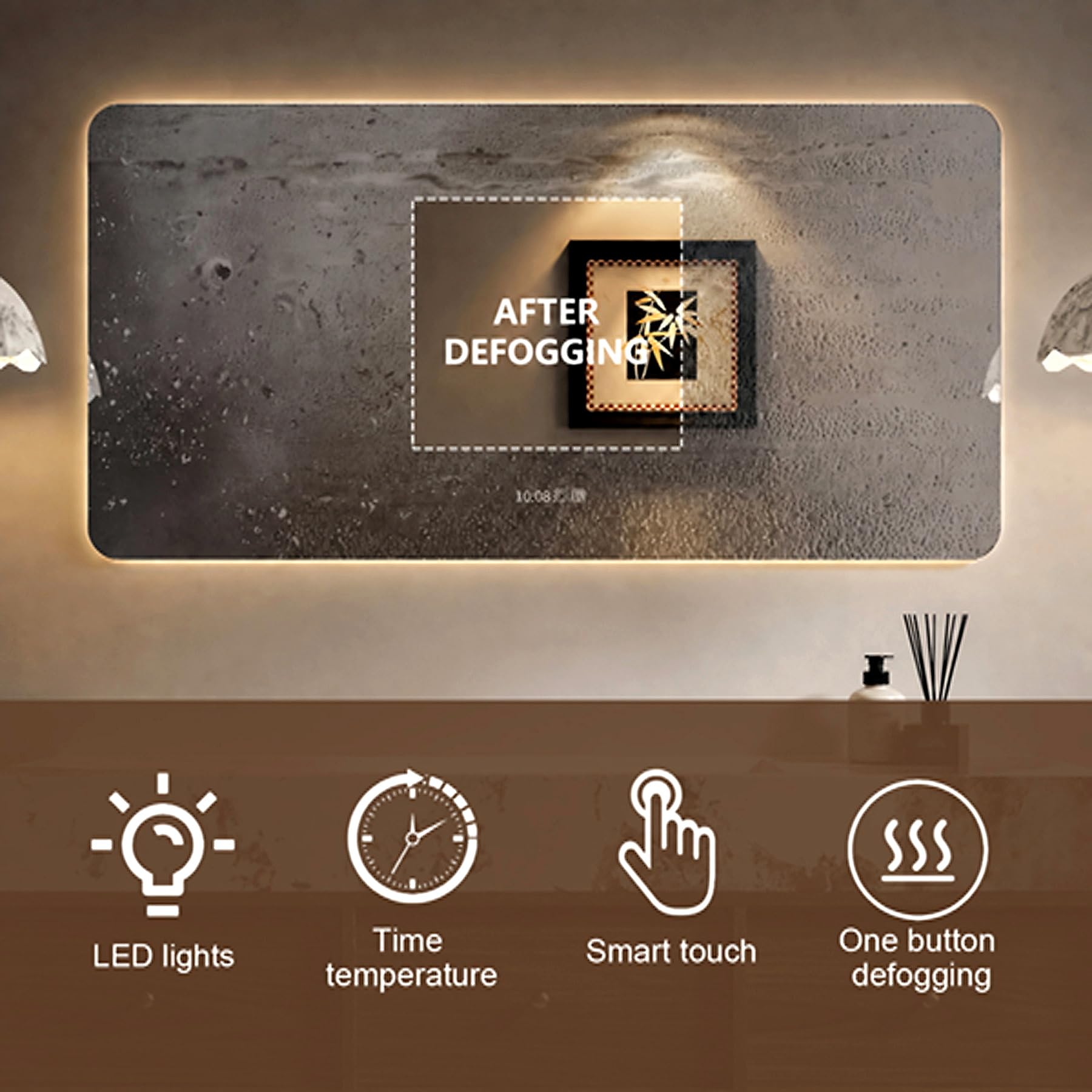 Mueble de baño de 193 cm, lavabo individual con espejo LED inteligente que se desempaña, iluminación LED, visualización de tiempo, fregadero de cerámica, cajones de cierre suave, totalmente premontado