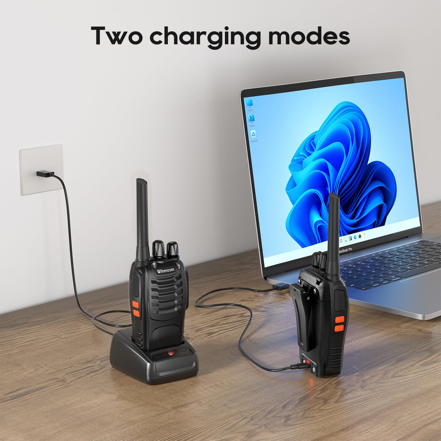 Winmoom Long Range Walkie Talkies,16-Channel USB Rechargeable Walkie Talkies for Adults & Kids, 2-Way Radio Kit with LED Light, Earpieces and Charger (2 Pack) — view 6