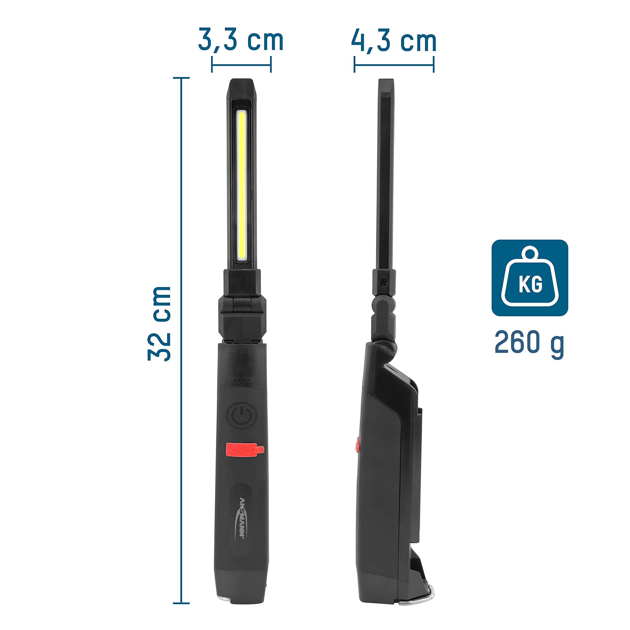 ANSMANN Lampe d'inspection IL500R (1 pce) – Lampe de travail rechargeable d'une puissance d'éclairage de 500 lumens – Lampe LED multifonction avec pied magnétique et crochet de suspension