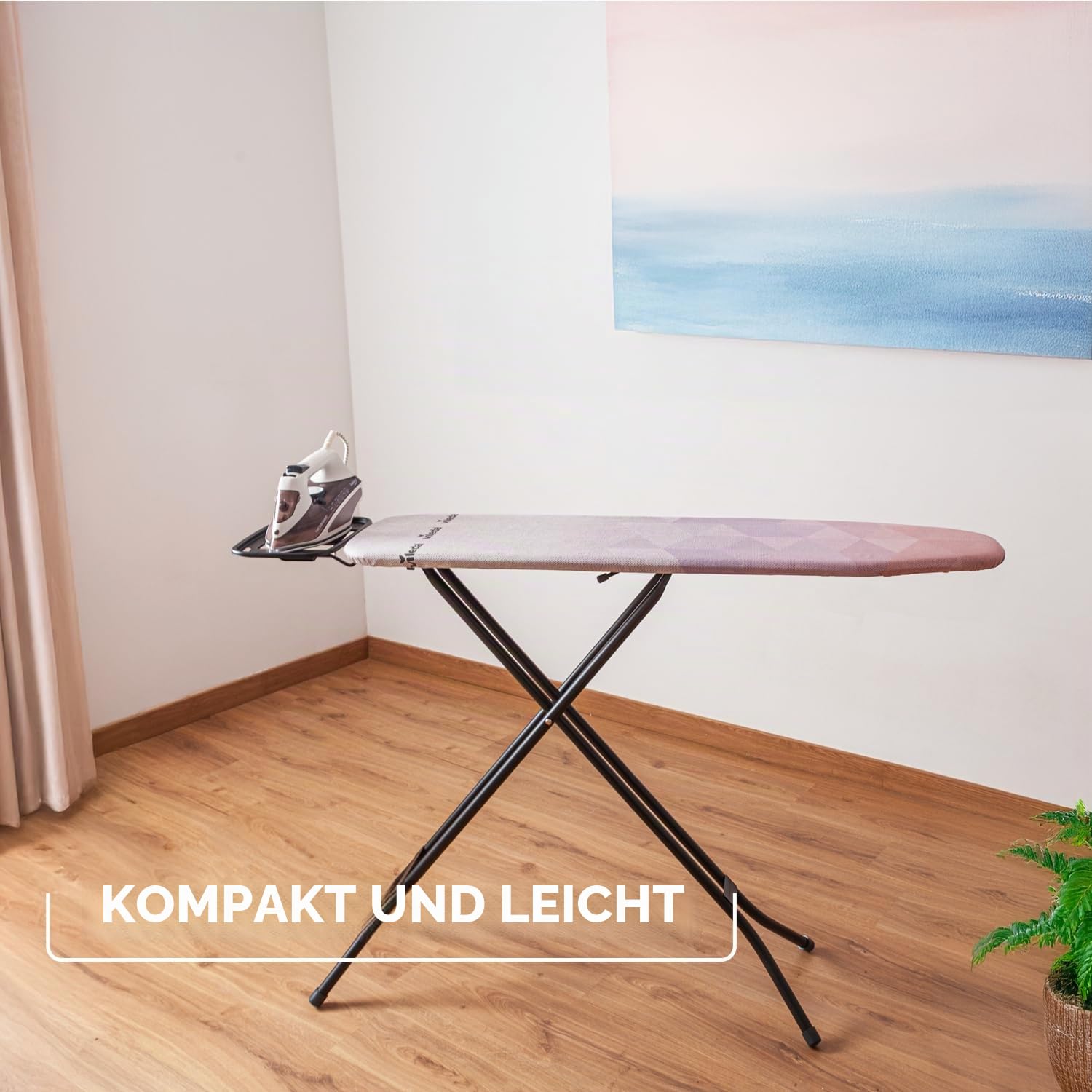 Vileda Diamond S Bügelbrett, bleibt länger wie neu, kompakt und leicht, höhenverstellbar bis 91 cm, stabile Stahlkonstruktion, titanbeschichteter Bezug, Comfort-Pack