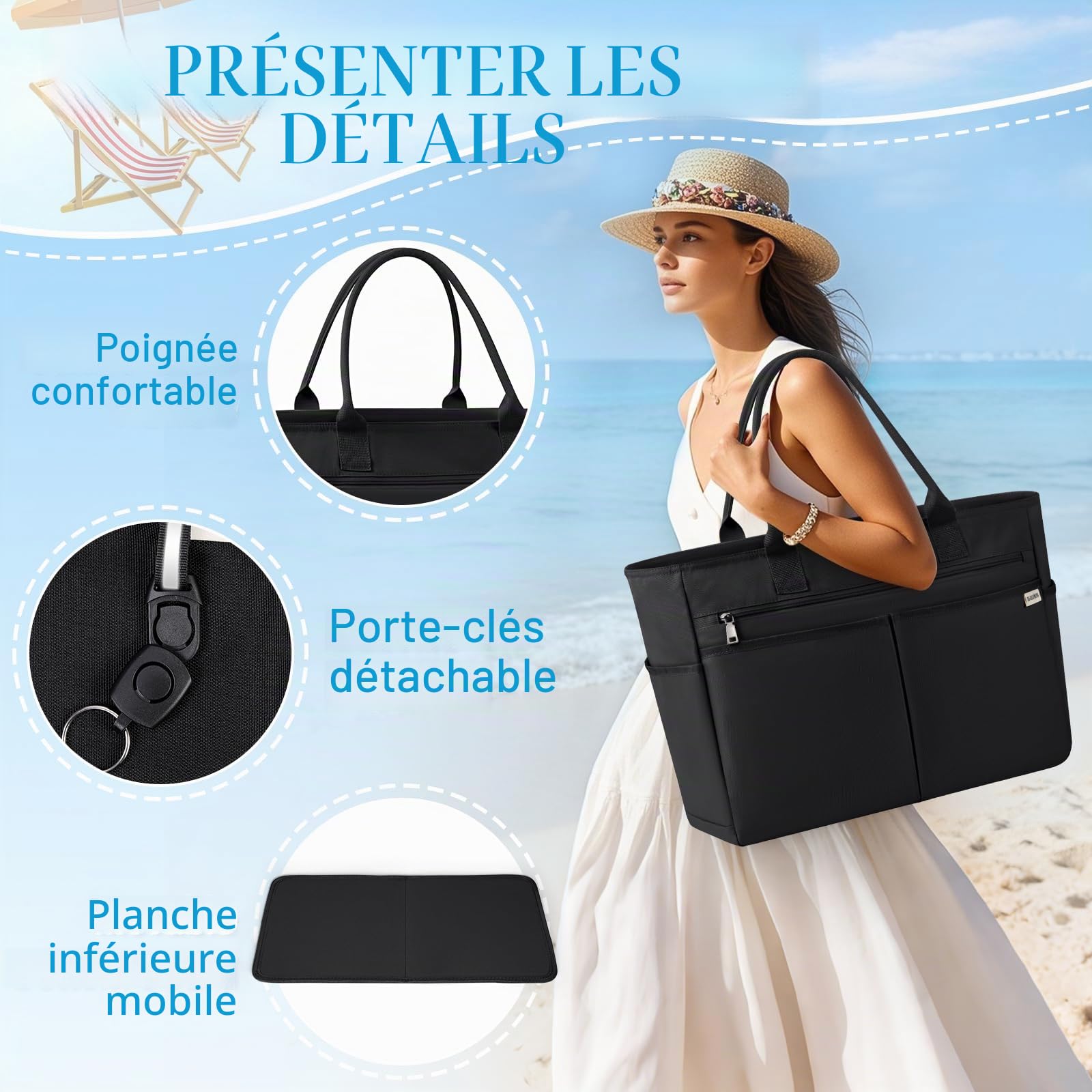 IGOLUMON Grand Sac de Plage Femme XXL 40L Sac Cabas Plage avec Fermeture Éclair Imperméable Tote Bag Pliable Grande Capacité Sac Shopping pour Plage Voyages Gym Piscine Noir