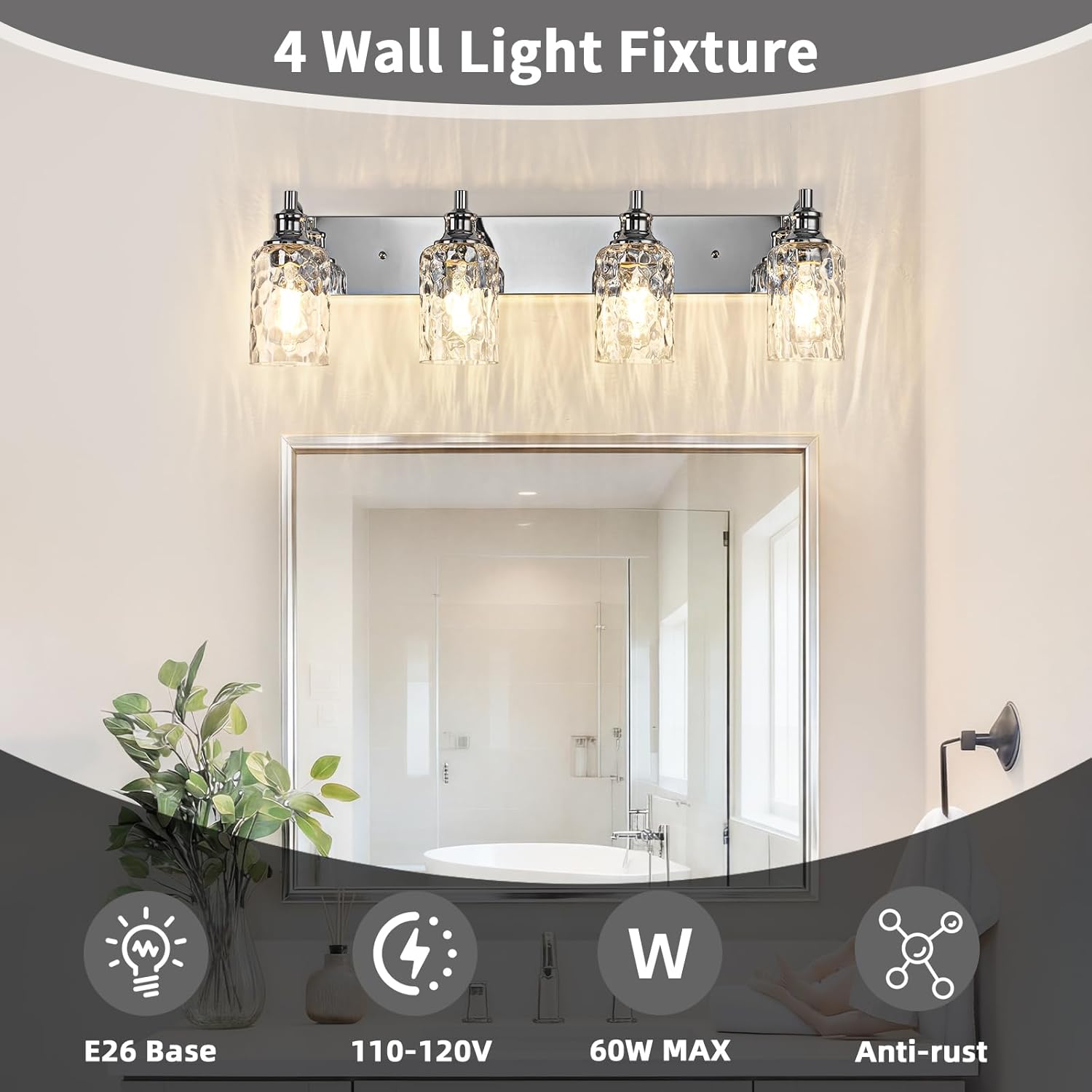 Bathroom Light Fixtures Over Mirror, 4 Lights Vanity Lights with Hammered Glass Shade, 30.8" Chrome Farmhouse Bathroom Light Fixtures for Bedroom, Porch, Hotel, Mirror Cabinet