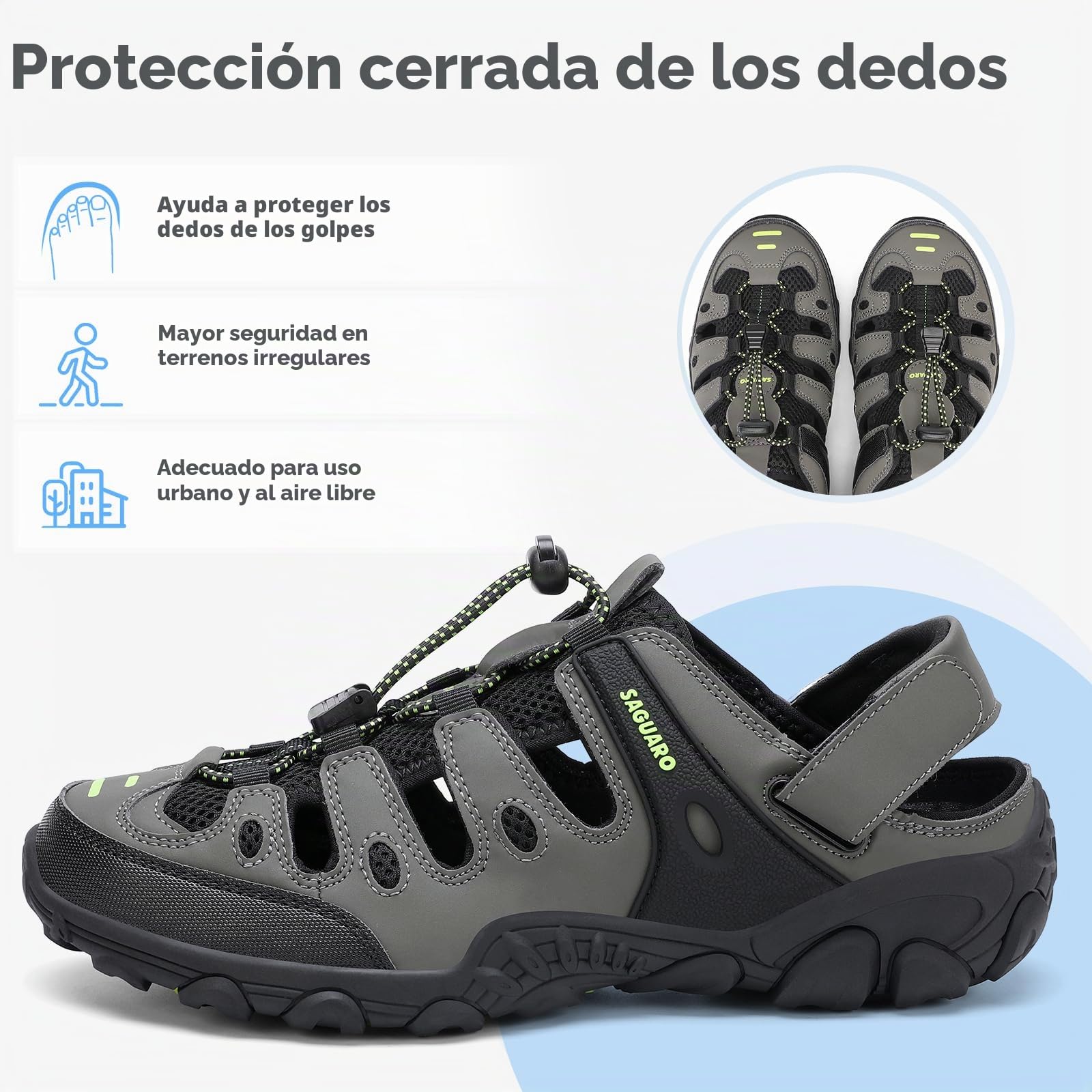 SAGUARO Sandalias de Trekking para Hombre con Puntera Cerrada Sandalias Deportivas de Verano Cómodas Transpirables Sandalias de Senderismo Verde 42 EU