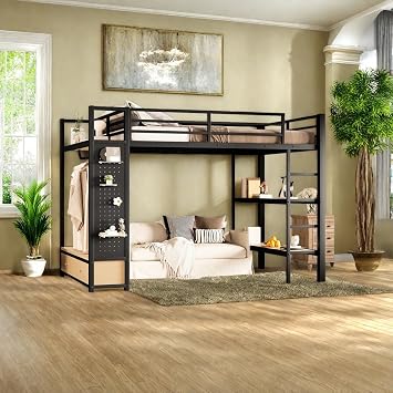 Queen Size Loft Bed with Shelves and Pegboard, Heavy Duty Loft Bed Frame with Wardrobe and Drawers, Black