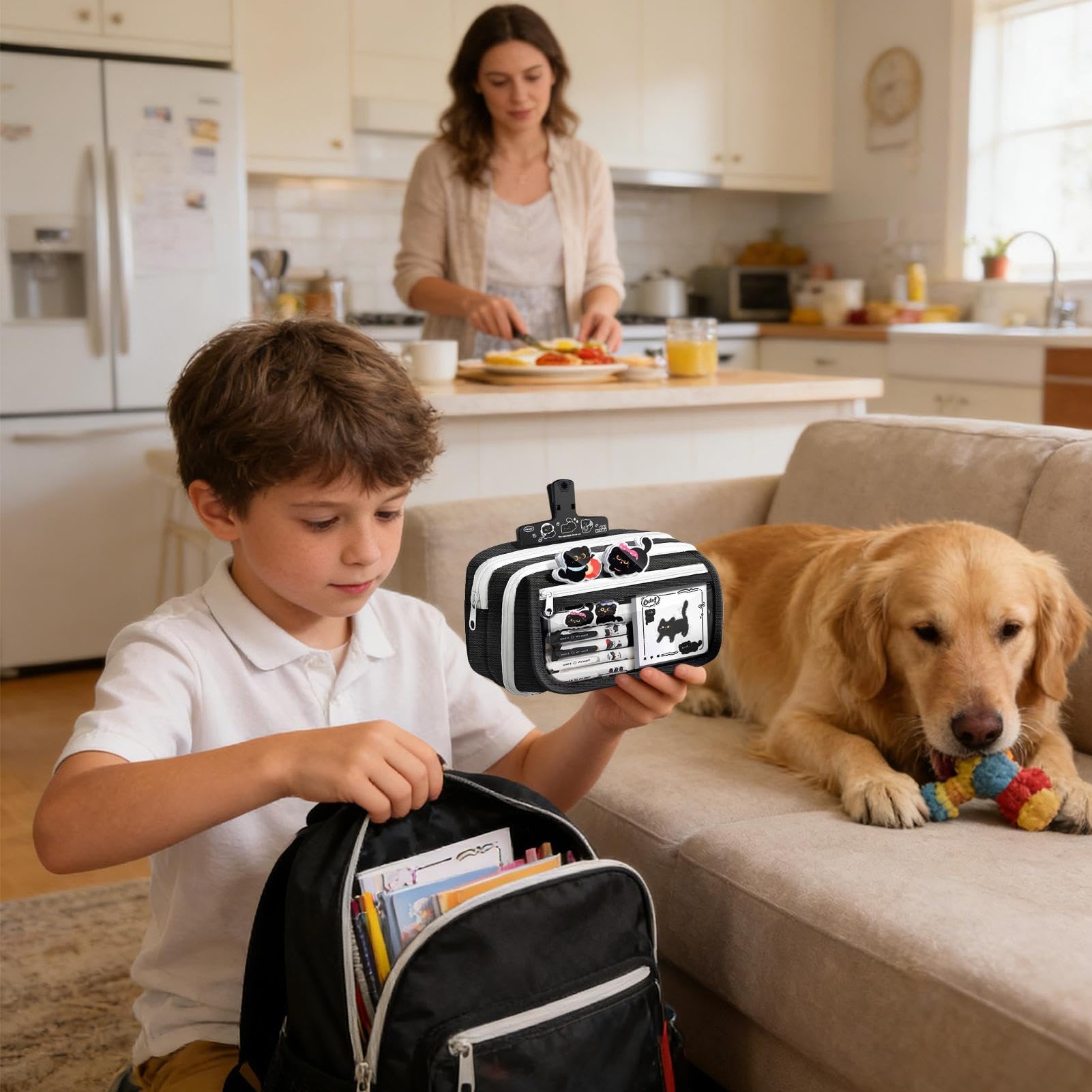 Generisch Astuccio Gatto Nero - Grande Kit di stoccaggio per penne, cancelleria, chiusura lampo, divertente stile decorativo, pratica borsa quotidiana per studenti