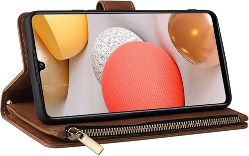Miniatura 4 de Asuwish Compatible con Samsung Galaxy A42 5G funda de vidrio templado protector de pantalla y cuero Flip Cover titular de la tarjeta soporte