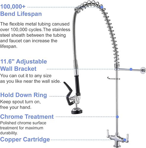 Miniatura 3 de Grifo de fregadero comercial con rociador de 39 pulgadas de altura, montaje en cubierta, un solo agujero, doble mango, resorte en espiral, rociador,