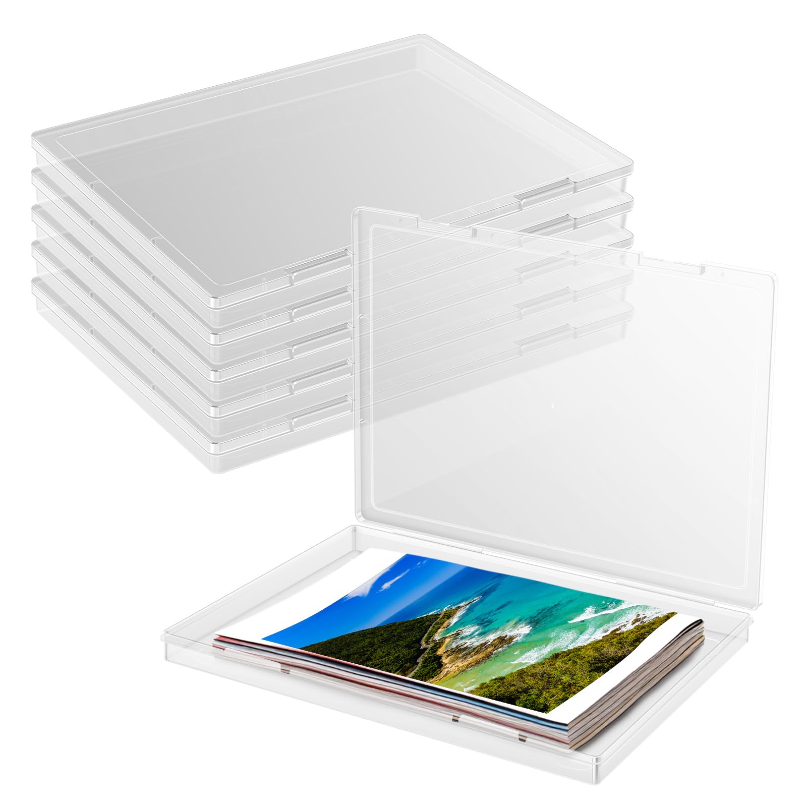 6 Pcs Clear Storage Box with Lids Plastic File Portable Project Case For 8" x 10" Letter Paper Photo Stackable Scrapbook Paper Storage Boxes with Snap Tight Latch for Documents Magazines Crafts Office