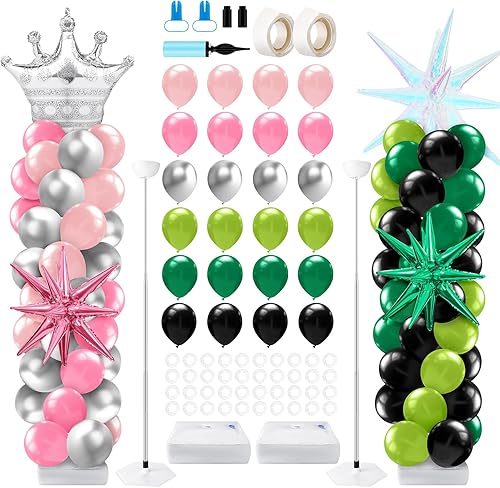 Miniatura 35 de Kasyat Juego de 2 soportes de columna de globos de discoteca de los años 90 y 80 con bola de discoteca, nota musical, globo de estrella explosiva de