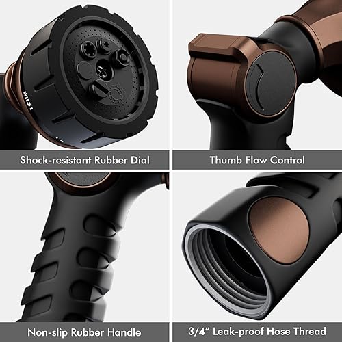Miniatura 6 de RESTMO Boquilla de manguera resistente, rociador de manguera de agua de jardín de metal con 7 patrones de riego, control de pulgar, válvula de