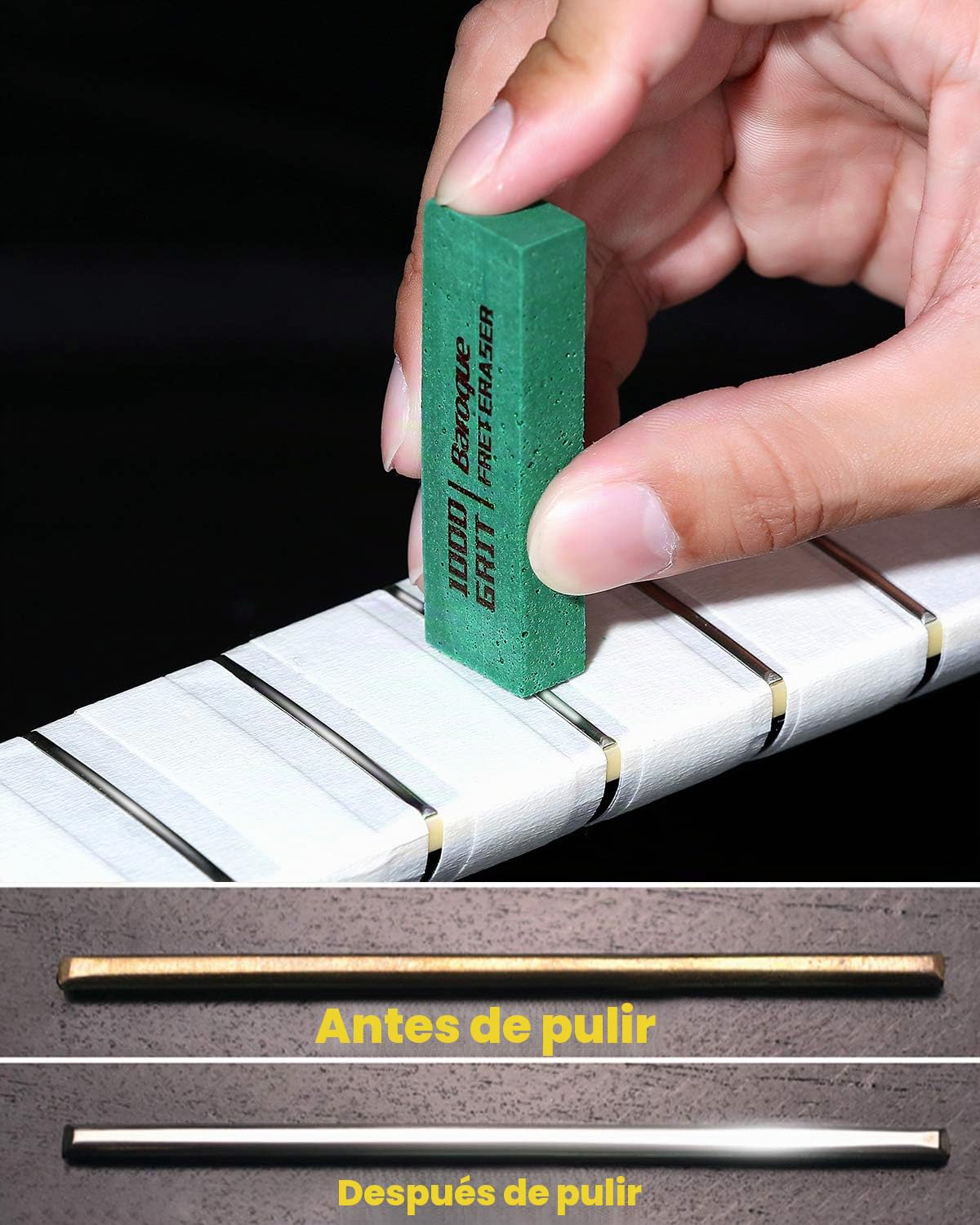 Borradores de Traste para Guitarra, Limpiador y Kit de Herramientas | de Pulido, Cable de Trastes, Cuerda/Metal, Juego de 3 (Grano 180, 400 y 1000)