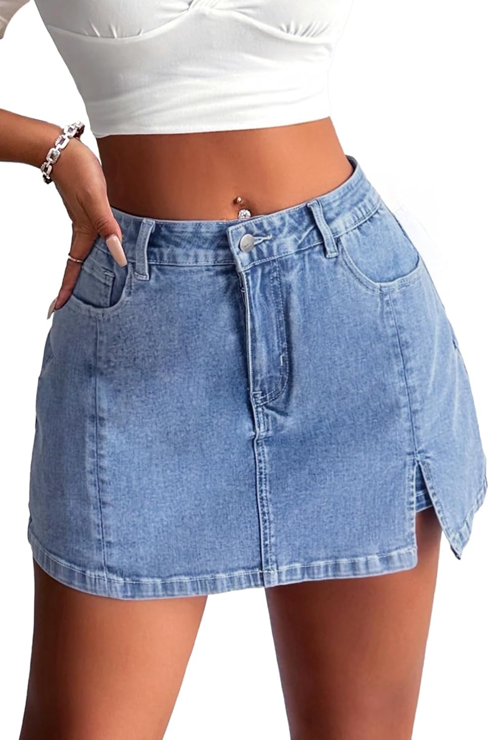 ELLEVEN Women’s Side Slit Denim Skort, High-Stretch,High Waisted,Y2K Mini Jean Skirt Shorts with 5 Pockets