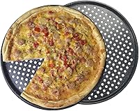 Vista 2 de Monfish Sartén para pizza de 14 pulgadas con agujeros, paquete de 2 bandejas de pizza perforadas, bandeja para pizza de acero al carbono, sartén