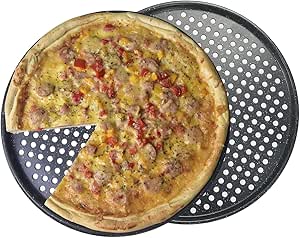 4x Pizzablech Rund 32cm Aus Kohlenstoffstahl - Perforiert Mit Griff