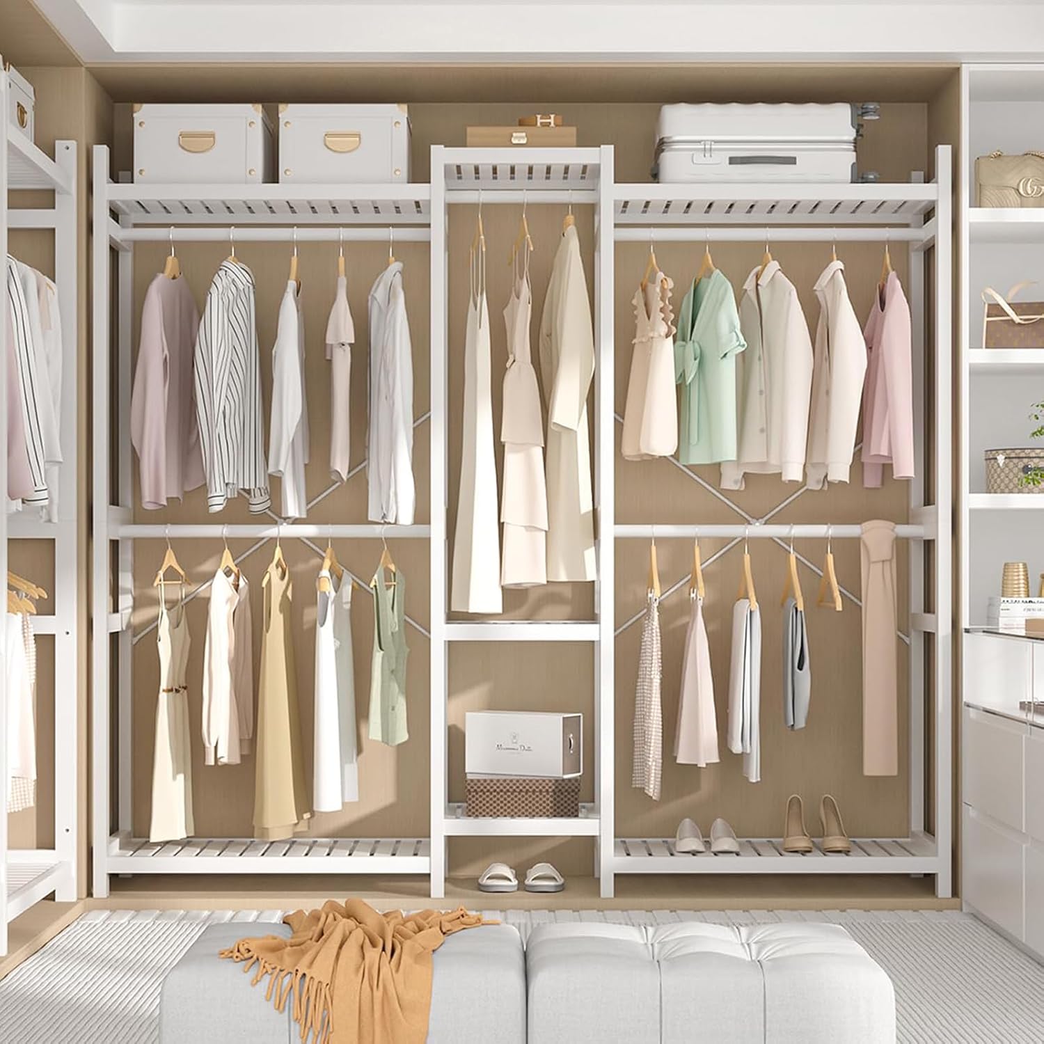 Homykic Bamboo Closet System, Large Clothing Rack for Hanging Clothes, Freestanding Clothes Rack with 7 Shelves & 5 Hanging Rods, Open Wardrobe Closet Organizer Garment Rack with 4 Hooks, Espresso